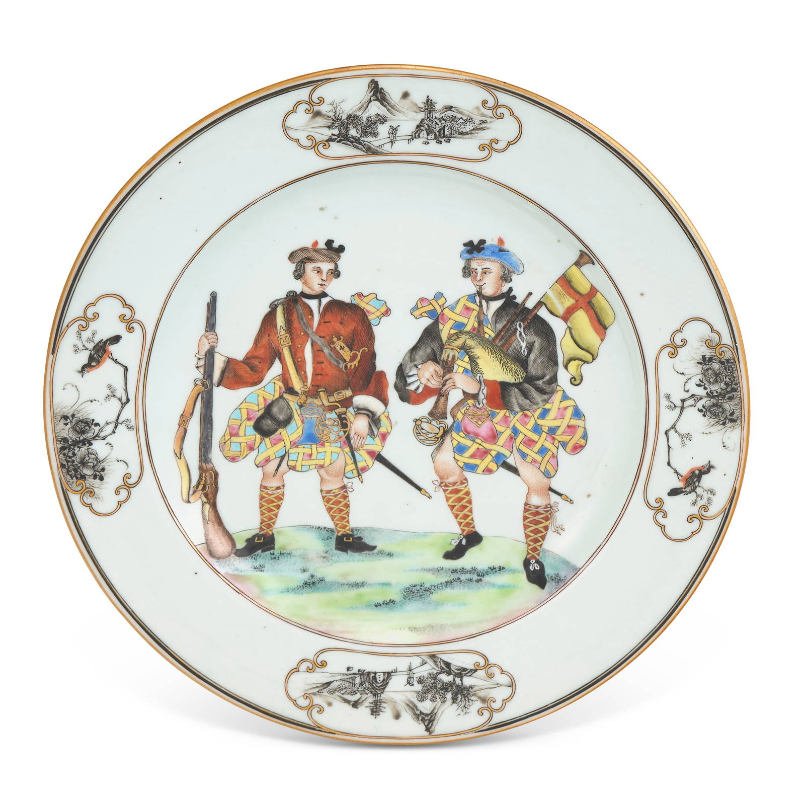 A CHINESE EXPORT PORCELAIN ‘SCOTSMEN’ PLATE QIANLONG PERIOD, CIRCA 1745