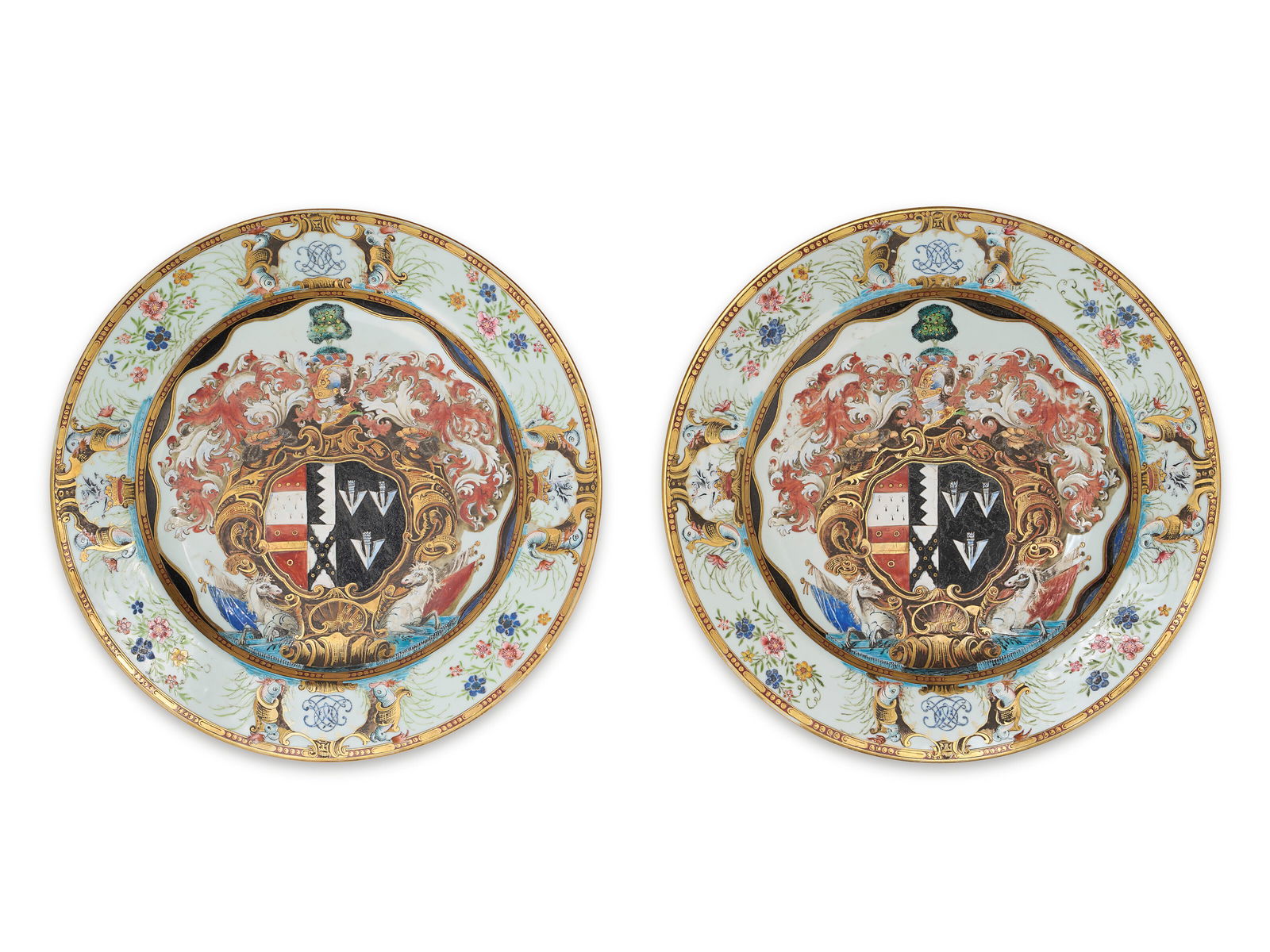 A PAIR OF CHINESE EXPORT PORCELAIN 'ENGLISH MARKET' ARMORIAL CHARGERS FROM THE LEAKE OKEOVER SERVICE: A PAIR OF CHINESE EXPORT PORCELAIN 'ENGLISH MARKET' ARMORIAL CHARGERS FROM THE LEAKE OKEOVER SERVICE QIANLONG PERIOD, CIRCA 1739-1743 Details A PAIR OF CHINESE EXPORT PORCELAIN 'ENGLISH MARKET' ARMORI