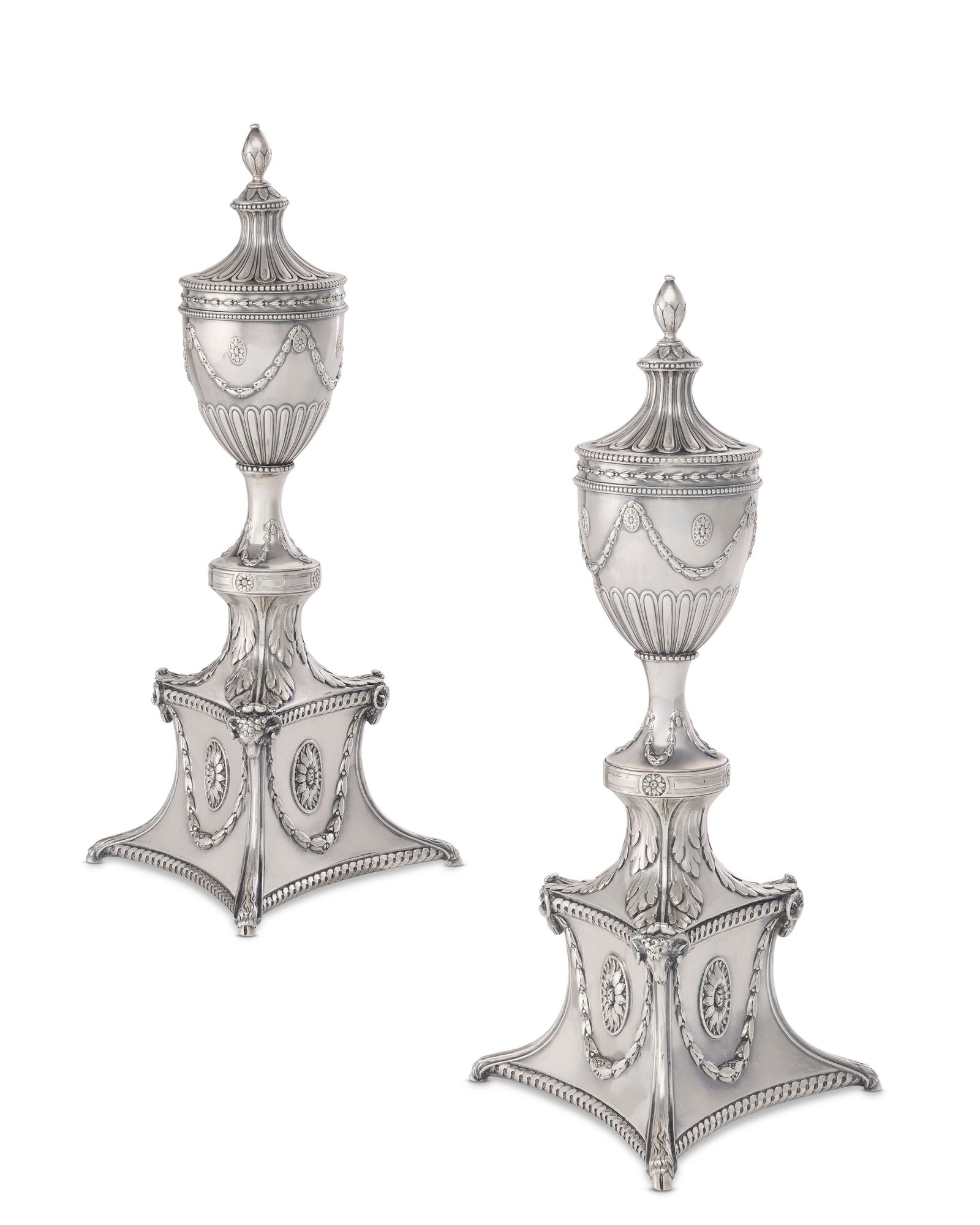 A PAIR OF GEORGE III SILVER CASSOLETTE CANDLESTICKS MARK OF ROBERT MAKEPEACE AND RICHARD CARTER, (1 of 2)