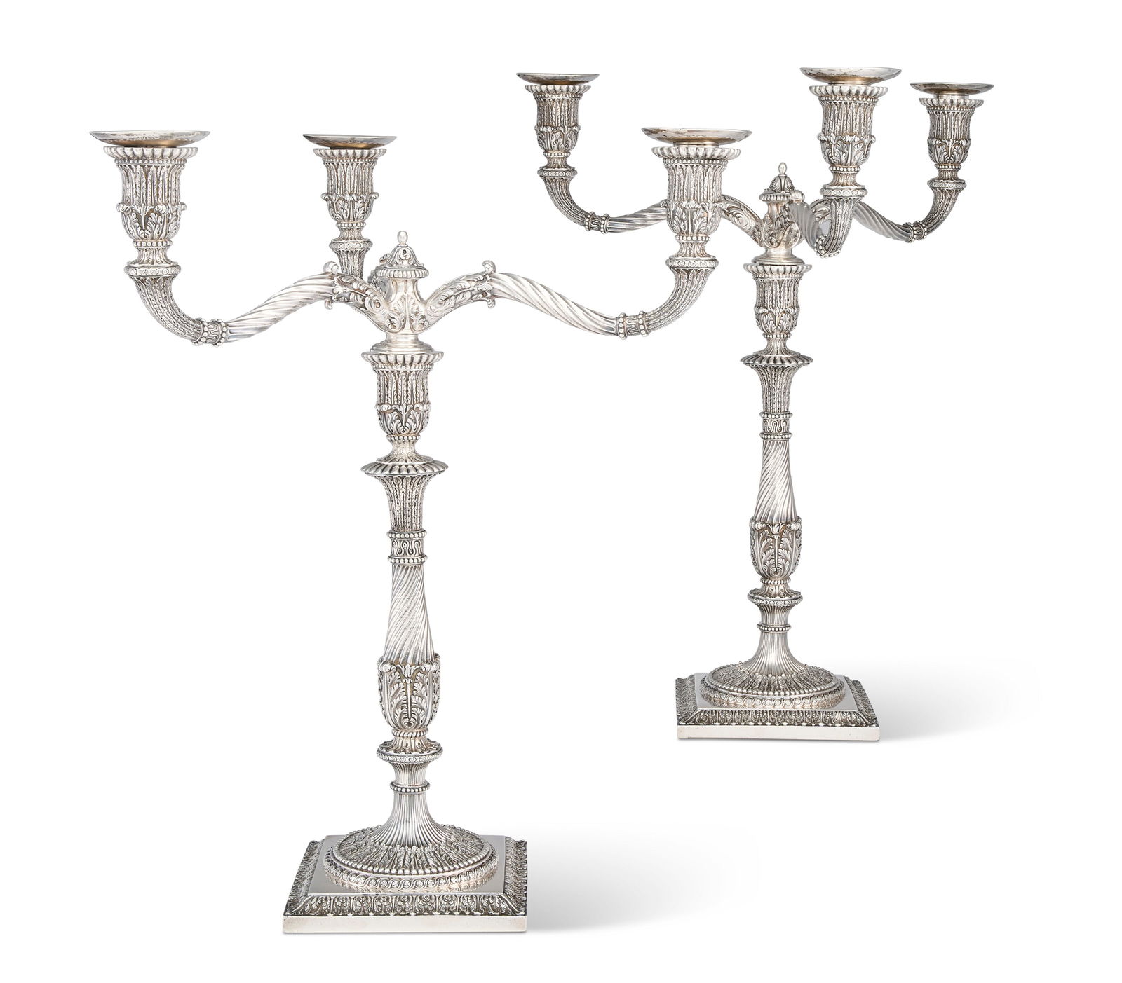 A PAIR OF GEORGE III SILVER THREE-LIGHT CANDELABRA MARK OF SEBASTIAN AND JAMES CRESPELL, LONDON,: A PAIR OF GEORGE III SILVER THREE-LIGHT CANDELABRA MARK OF SEBASTIAN AND JAMES CRESPELL, LONDON, 1771, AFTER A DESIGN BY ROBERT OR JAMES ADAM Details A PAIR OF GEORGE III SILVER THREE-LIGHT CANDELABRA