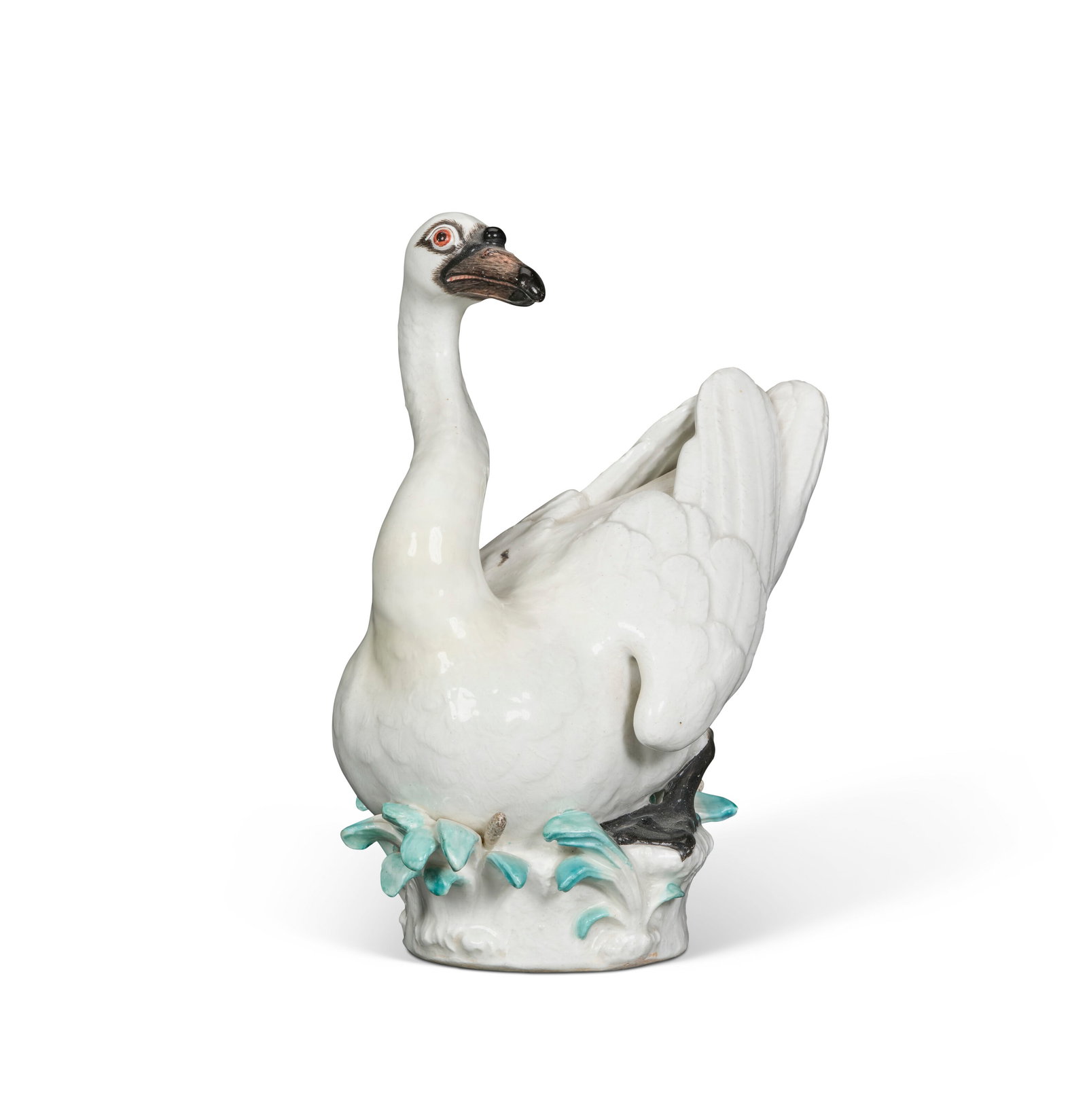 A MEISSEN PORCELAIN MODEL OF A SWAN CIRCA 1748-1750, BLUE CROSSED SWORDS MARK TO BACK OF BASE, TWICE: A MEISSEN PORCELAIN MODEL OF A SWAN CIRCA 1748-1750, BLUE CROSSED SWORDS MARK TO BACK OF BASE, TWICE IMPRESSED 75, POSSIBLY MODELED BY J.J. KÄNDLER Details A MEISSEN PORCELAIN MODEL OF A SWAN CIR