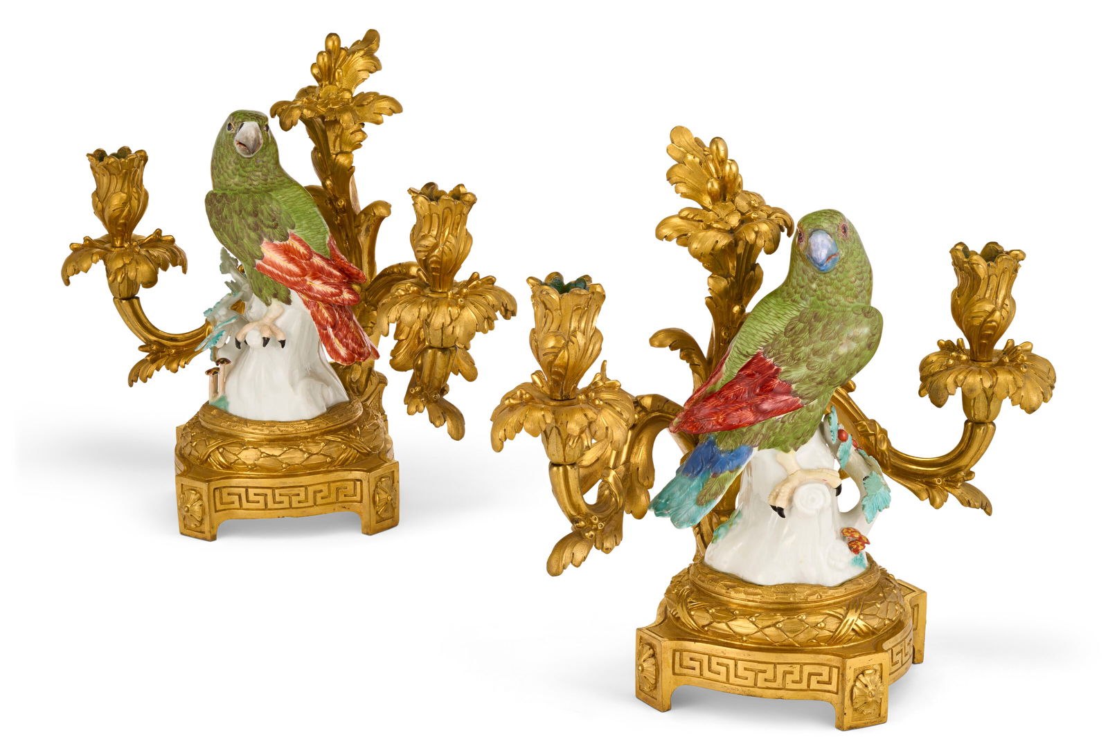 A PAIR OF LOUIS XV ORMOLU TWO-LIGHT CANDELABRA MOUNTED WITH MEISSEN PORCELAIN MODELS OF PARROTS THE - 2