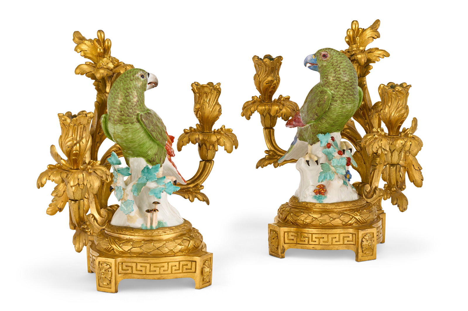 A PAIR OF LOUIS XV ORMOLU TWO-LIGHT CANDELABRA MOUNTED WITH MEISSEN PORCELAIN MODELS OF PARROTS THE - 3