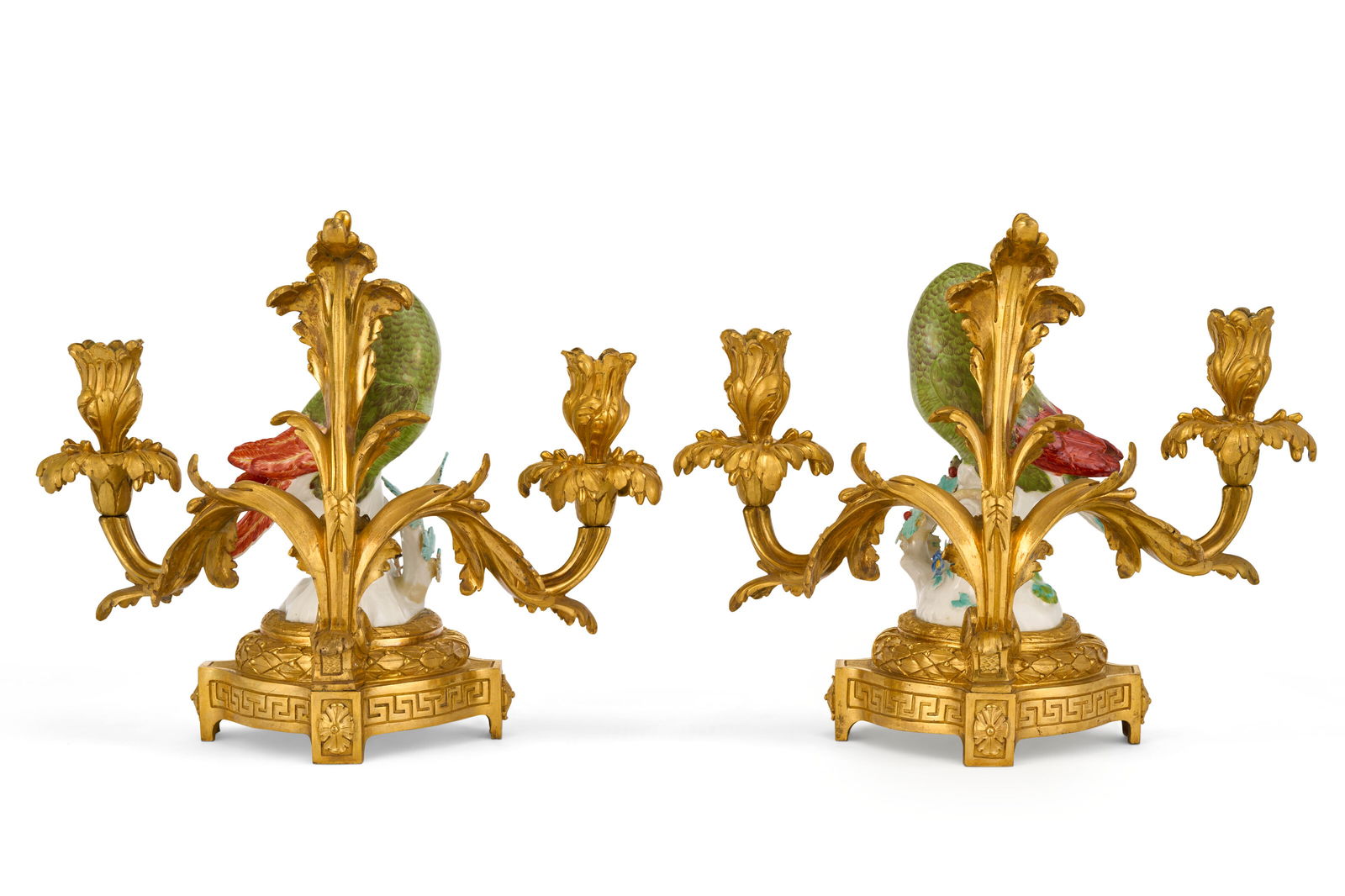 A PAIR OF LOUIS XV ORMOLU TWO-LIGHT CANDELABRA MOUNTED WITH MEISSEN PORCELAIN MODELS OF PARROTS THE - 4