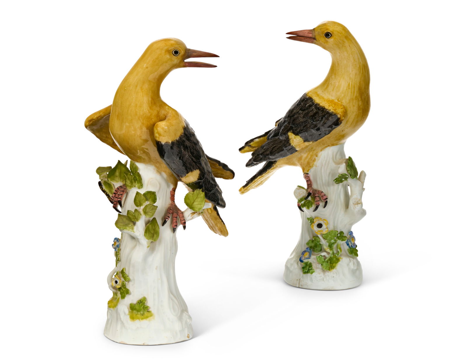 A PAIR OF MEISSEN PORCELAIN MODELS OF GOLDEN ORIOLES CIRCA 1750, BLUE CROSSED SWORDS MARK TO ONE,: A PAIR OF MEISSEN PORCELAIN MODELS OF GOLDEN ORIOLES CIRCA 1750, BLUE CROSSED SWORDS MARK TO ONE, MODELED BY J.J. KÄNDLER AND J.G. EHDER Details A PAIR OF MEISSEN PORCELAIN MODELS OF GOLDEN ORIOL