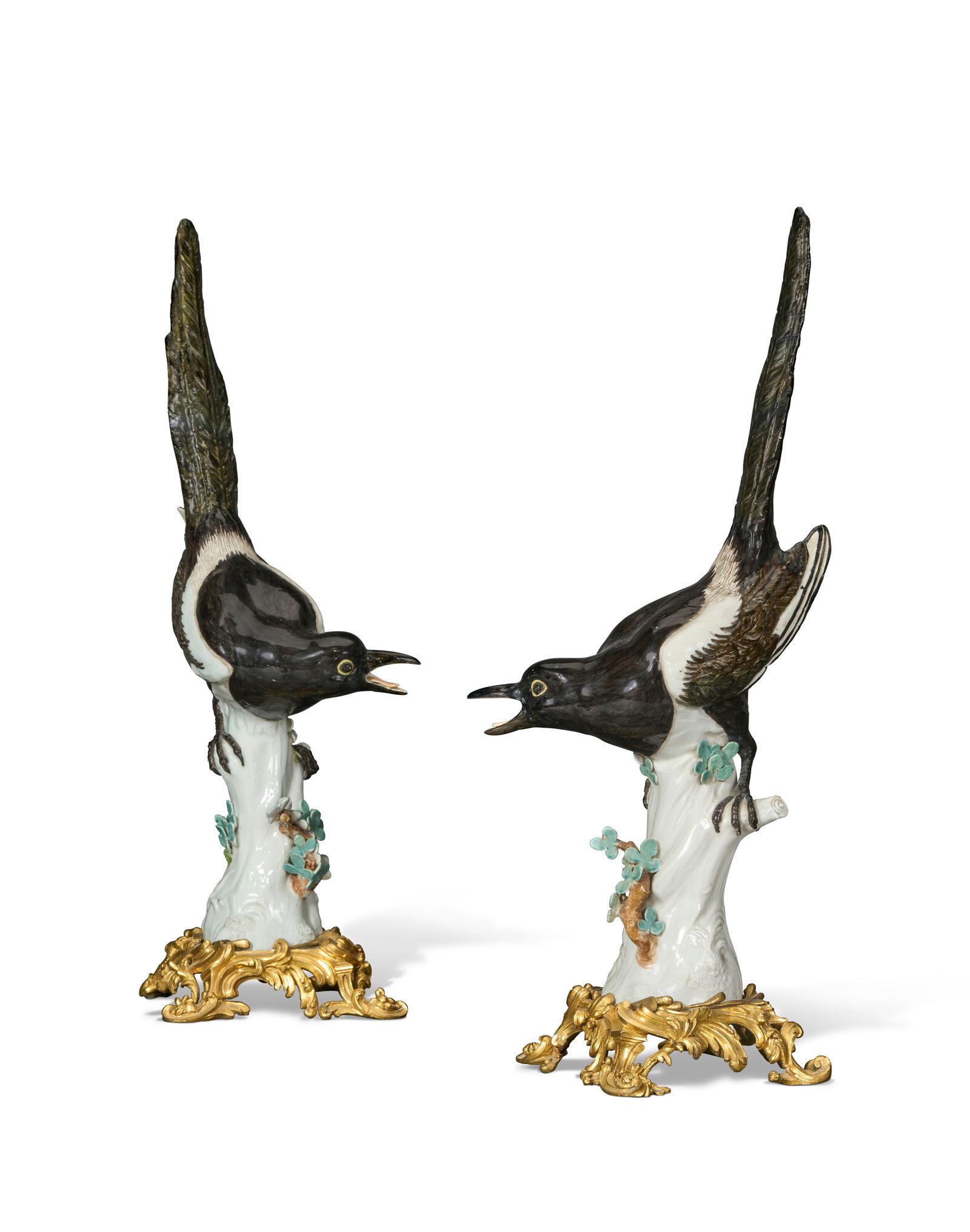 A PAIR OF LOUIS XV ORMOLU-MOUNTED MEISSEN PORCELAIN MODELS OF MAGPIES THE PORCELAIN CIRCA 1740,: A PAIR OF LOUIS XV ORMOLU-MOUNTED MEISSEN PORCELAIN MODELS OF MAGPIES THE PORCELAIN CIRCA 1740, MODELED BY J.J. KÄNDLER, THE ORMOLU MID-18TH CENTURY AND ASSOCIATED Details A PAIR OF LOUIS XV ORMO