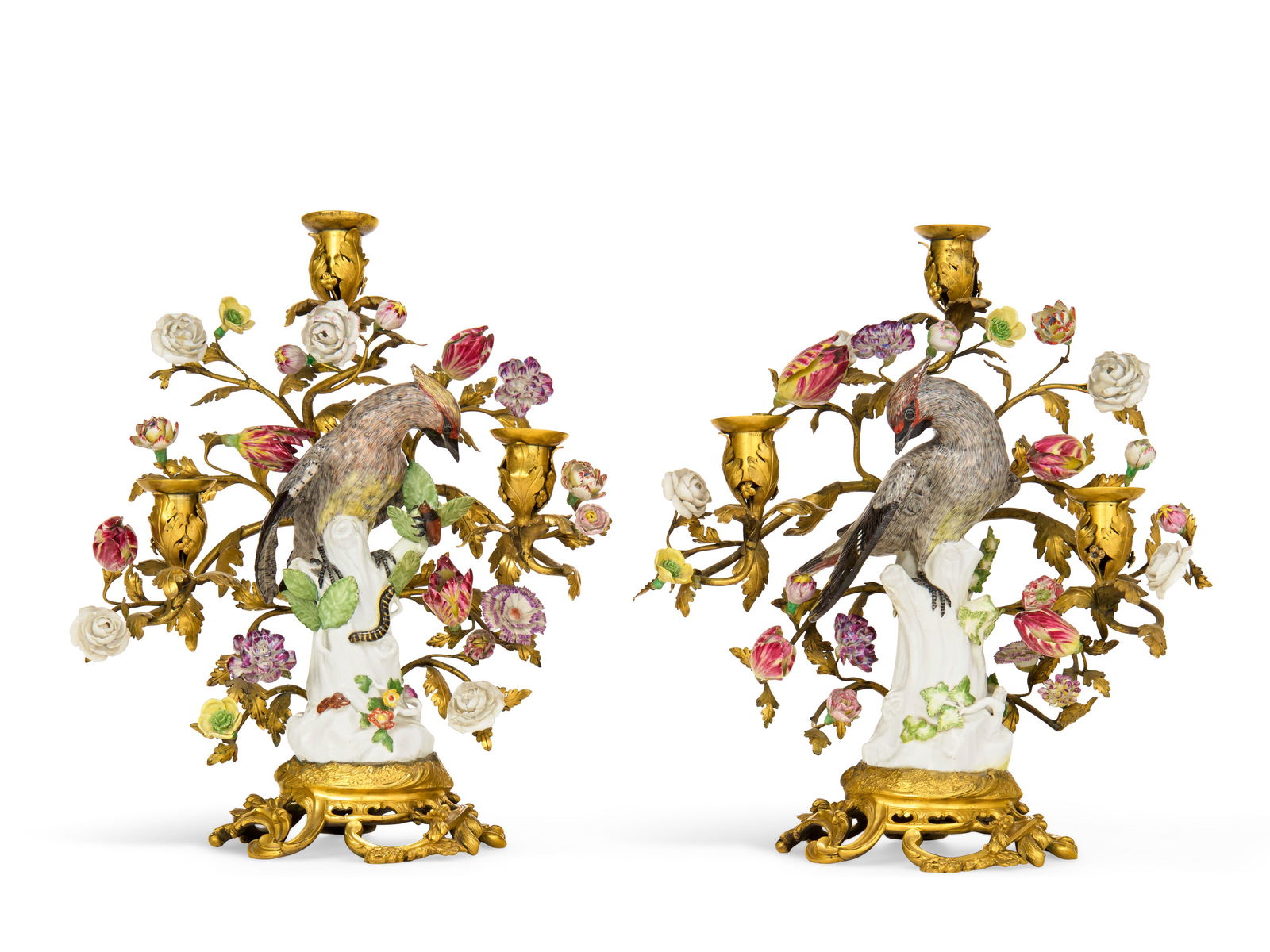 A PAIR OF LOUIS XV ORMOLU-MOUNTED MEISSEN PORCELAIN MODELS OF WAXWINGS THE MEISSEN PORCELAIN BIRDS: A PAIR OF LOUIS XV ORMOLU-MOUNTED MEISSEN PORCELAIN MODELS OF WAXWINGS THE MEISSEN PORCELAIN BIRDS CIRCA 1741, MODELED BY J.J. KÄNDLER AND J.G. EHDER; THE FLOWERS 18TH CENTURY AND LATER, THE ORMO