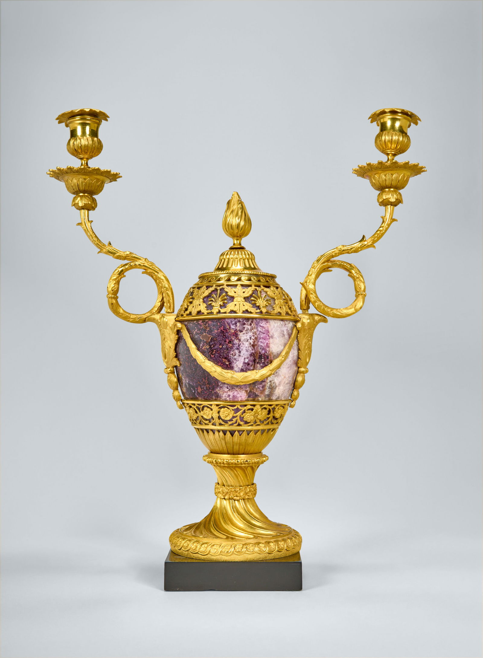 A GEORGE III ORMOLU AND BLUE JOHN TWO-LIGHT VASE CANDELABRUM BY MATTHEW BOULTON, CIRCA 1769-70 (1 of 6)