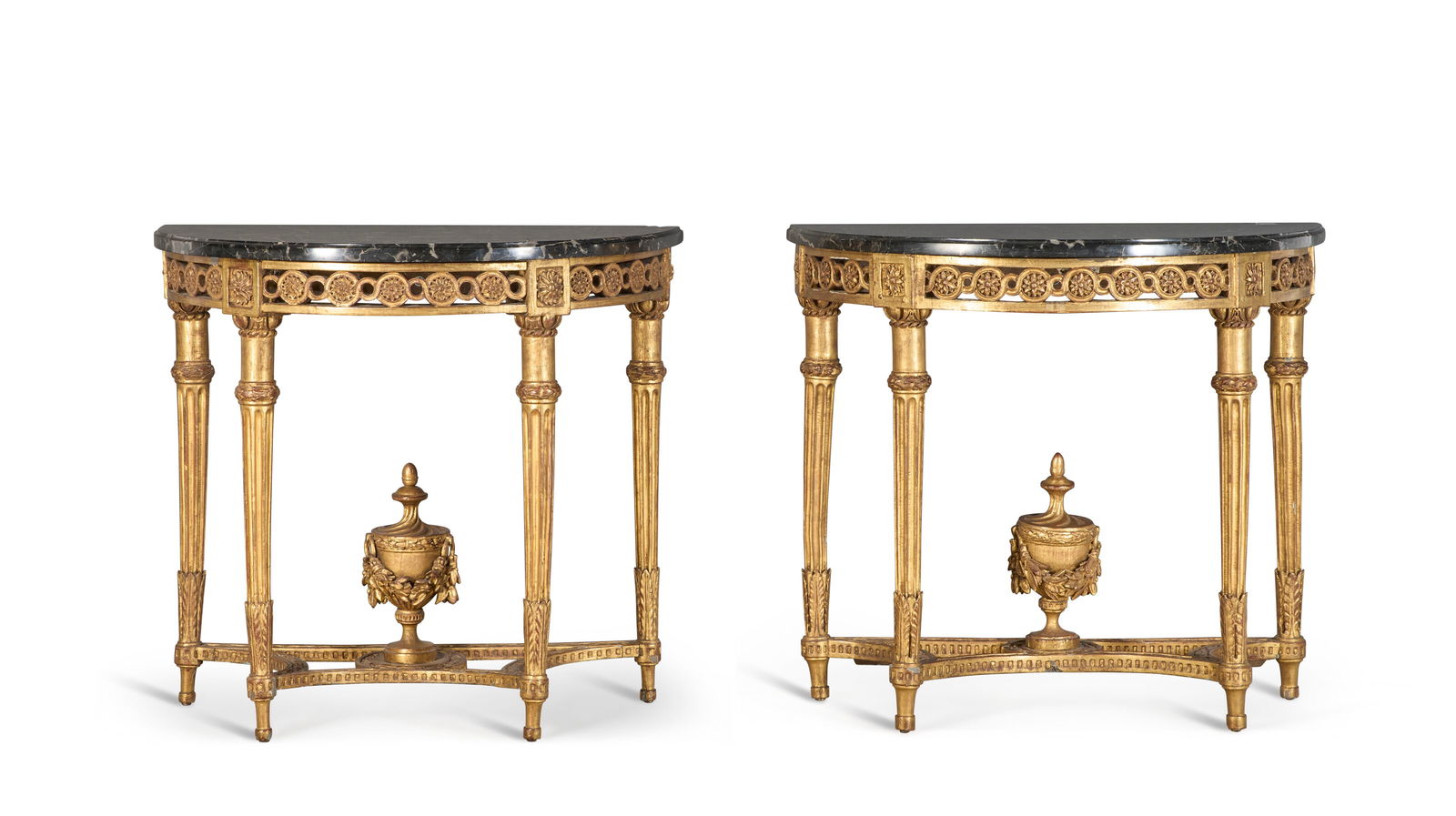 A PAIR OF FRENCH GILTWOOD CONSOLE TABLES 19TH CENTURY: A PAIR OF FRENCH GILTWOOD CONSOLE TABLES 19TH CENTURY Details A PAIR OF FRENCH GILTWOOD CONSOLE TABLES 19TH CENTURY In the Louis XVI style, each with demilune portor marble top, the pierced frieze car