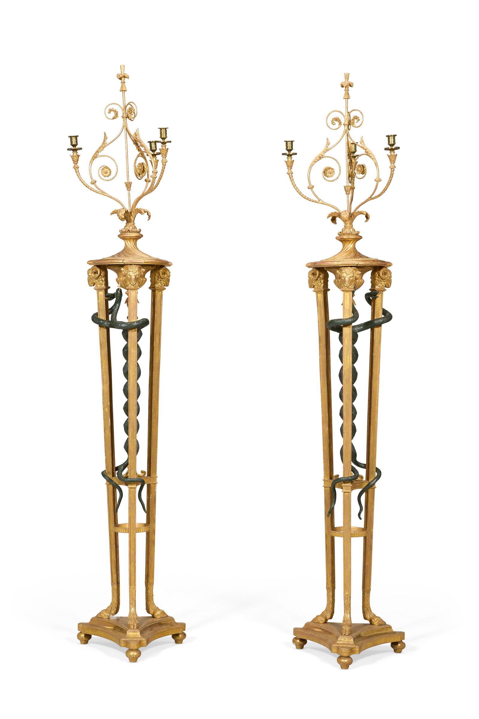 A PAIR OF GEORGE III GILTWOOD, 'BRONZED' AND COMPOSITION TORCHERES WITH CANDELABRA CIRCA 1780 (1 of 6)