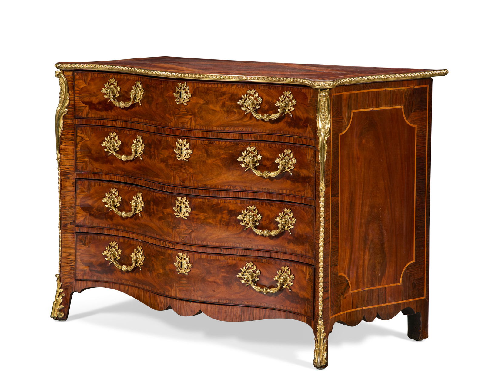 A GEORGE III ORMOLU-MOUNTED MAHOGANY, INDIAN-ROSEWOOD AND HOLLY-STRUNG SERPENTINE COMMODE ATTRIBUTED (1 of 5)