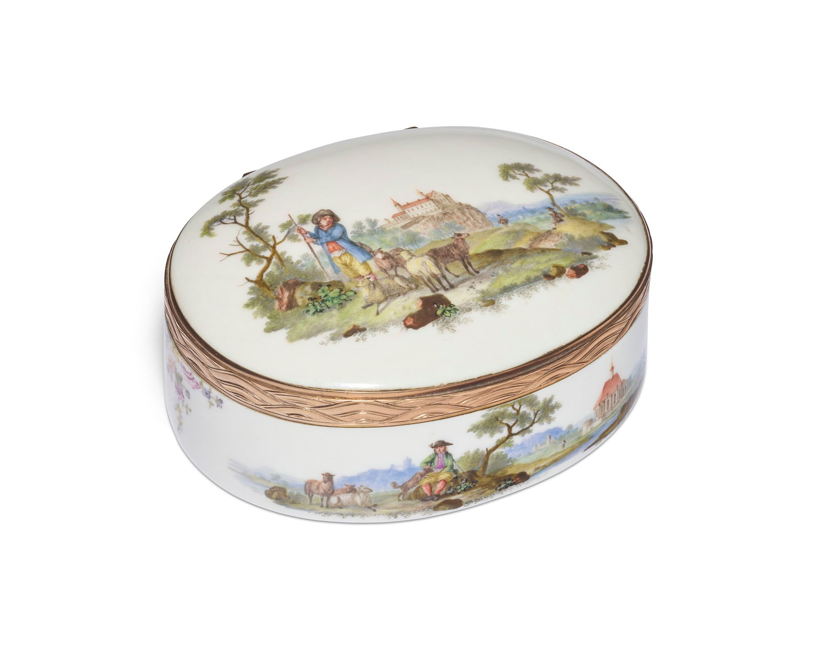 A GOLD-MOUNTED MEISSEN PORCELAIN OVAL SNUFF-BOX AND COVER CIRCA 1755 (1 of 5)