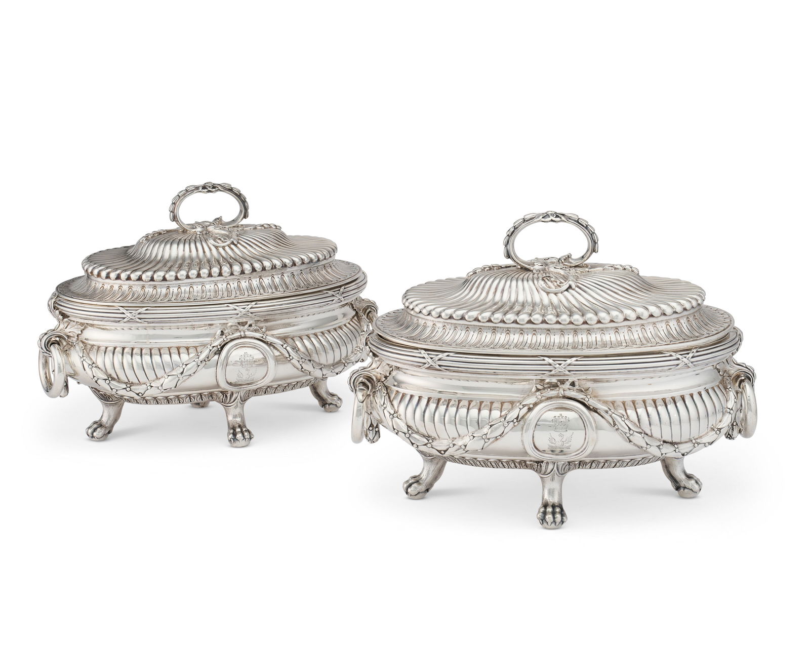 A PAIR OF GEORGE III SILVER SOUP TUREENS AND COVERS MARK OF JOHN ROMER, LONDON, 1771, AFTER A DESIGN (1 of 2)
