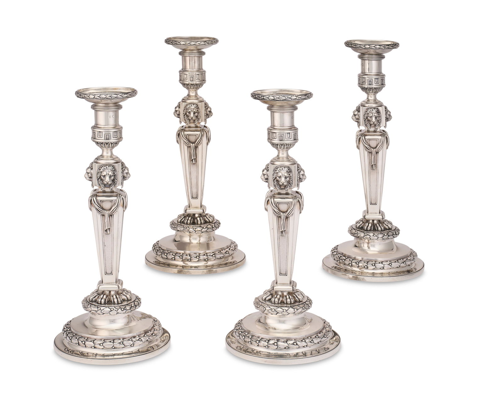 A SET OF FOUR GEORGE III SILVER CANDLESTICKS MARK OF THOMAS ELLERTON AND RICHARD SIBLEY, LONDON, (1 of 2)