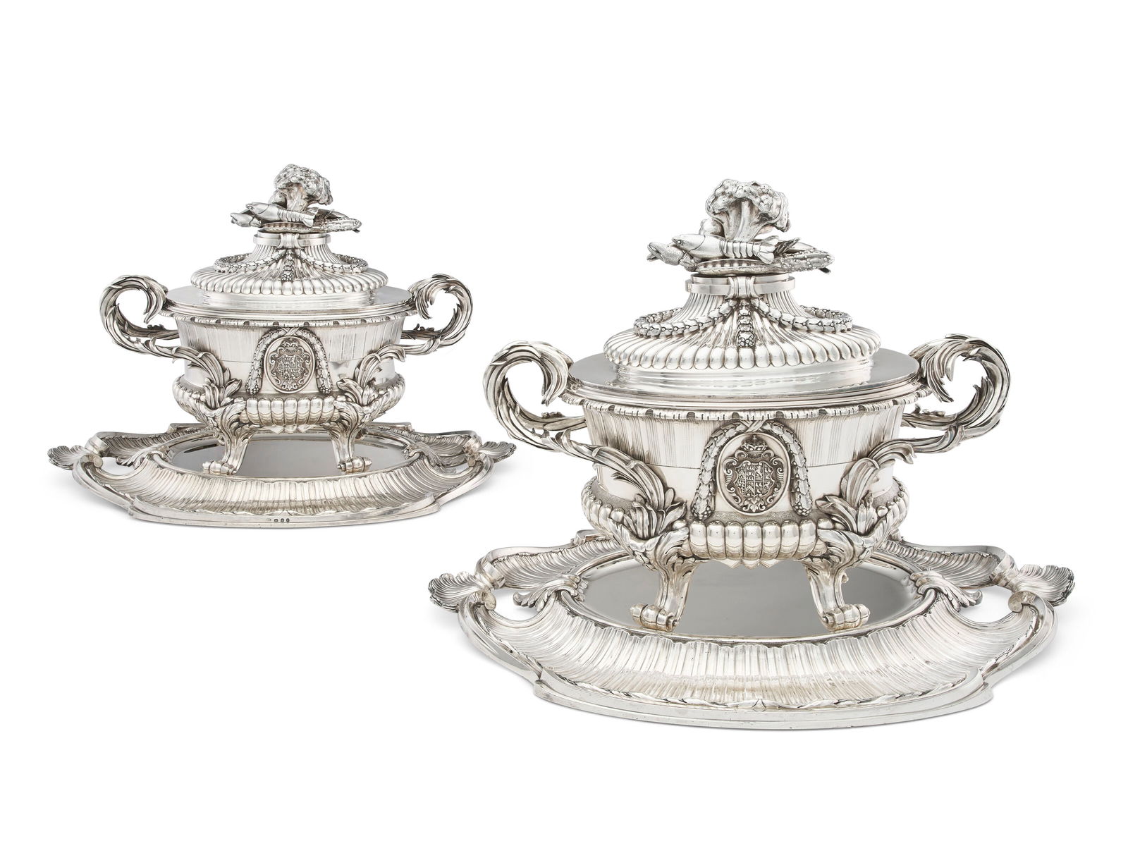 THE BROWNLOW TUREENS: A PAIR OF GEORGE III SILVER SOUP TUREENS, COVERS, LINERS AND STANDS MARK OF (1 of 5)