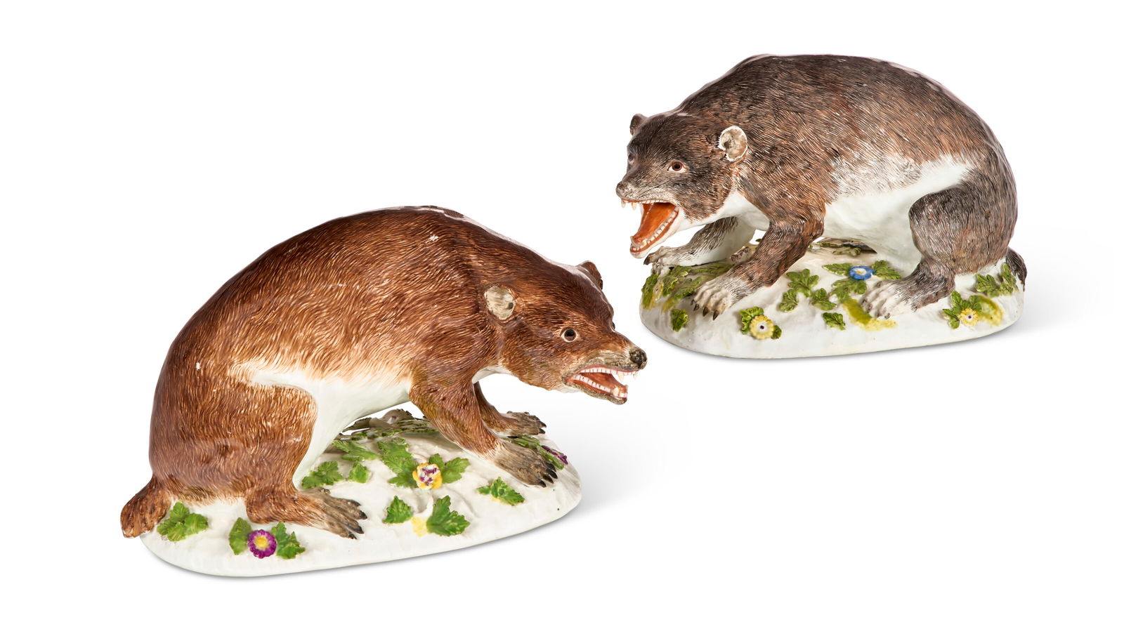 A PAIR OF MEISSEN PORCELAIN MODELS OF WOLVERINES OR BEARS CIRCA 1750, BLUE CROSSED SWORDS MARKS TO: A PAIR OF MEISSEN PORCELAIN MODELS OF WOLVERINES OR BEARS CIRCA 1750, BLUE CROSSED SWORDS MARKS TO THE BACK OF EACH BASE, ONE TWICE IMPRESSED 42, THE MODELS ATTRIBUTED TO J.J. KÄNDLER Details A
