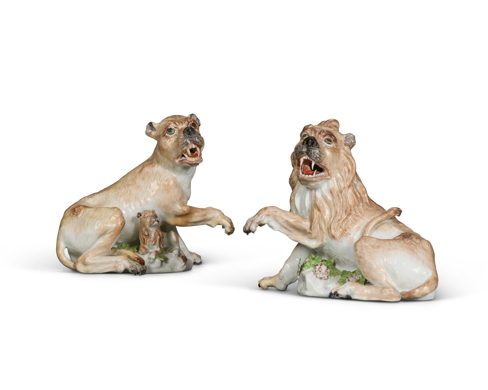 A PAIR OF MEISSEN PORCELAIN MODELS OF A LION AND LIONESS CIRCA 1741-1745, SMALL BLUE CROSSED SWORDS: A PAIR OF MEISSEN PORCELAIN MODELS OF A LION AND LIONESS CIRCA 1741-1745, SMALL BLUE CROSSED SWORDS MARKS, MODELED BY J.J. KÄNDLER Details A PAIR OF MEISSEN PORCELAIN MODELS OF A LION AND