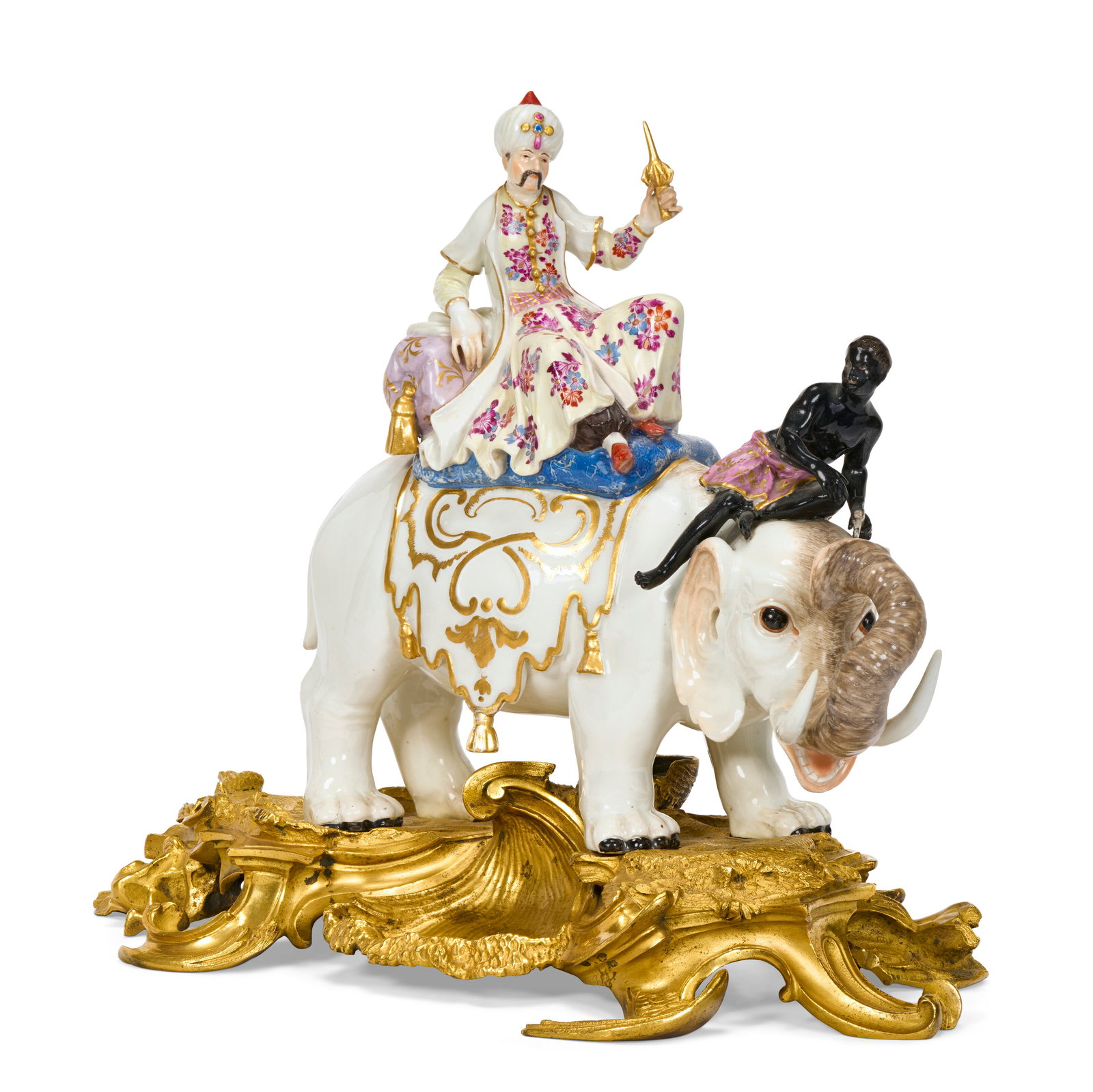 A LOUIS XV ORMOLU-MOUNTED MEISSEN PORCELAIN FIGURE GROUP OF A SULTAN RIDING AN ELEPHANT THE: A LOUIS XV ORMOLU-MOUNTED MEISSEN PORCELAIN FIGURE GROUP OF A SULTAN RIDING AN ELEPHANT THE PORCELAIN CIRCA 1749, THE DECORATION POSSIBLY LATER, BLUE CROSSED SWORDS MARK, PROBABLY MODELED BY J.J. K
