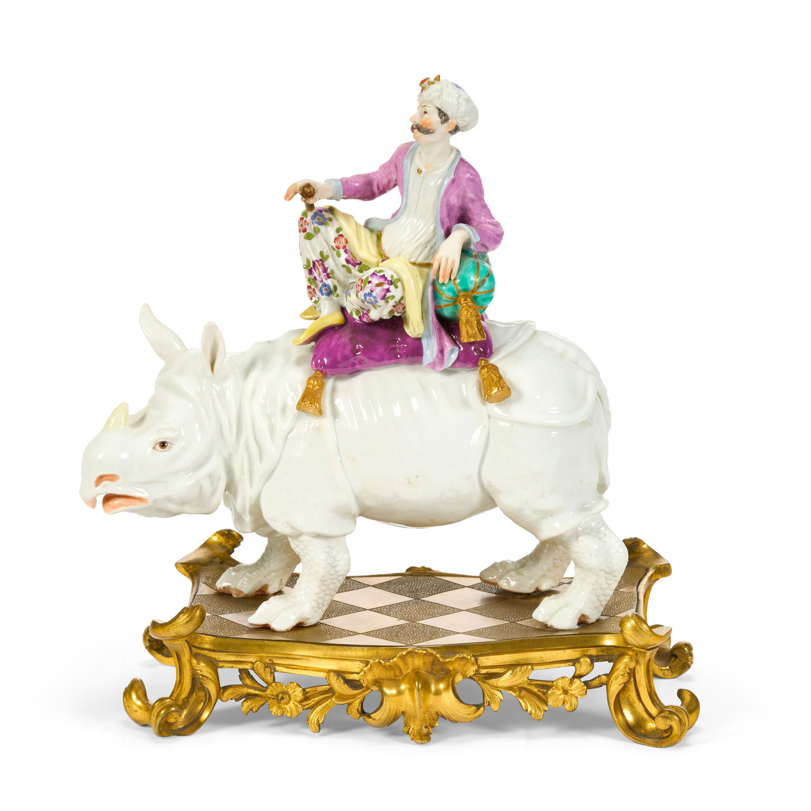 A MEISSEN PORCELAIN FIGURE GROUP OF A TURK RIDING A RHINOCEROS AND AN ORMOLU BASE THE PORCELAIN 19TH - 2