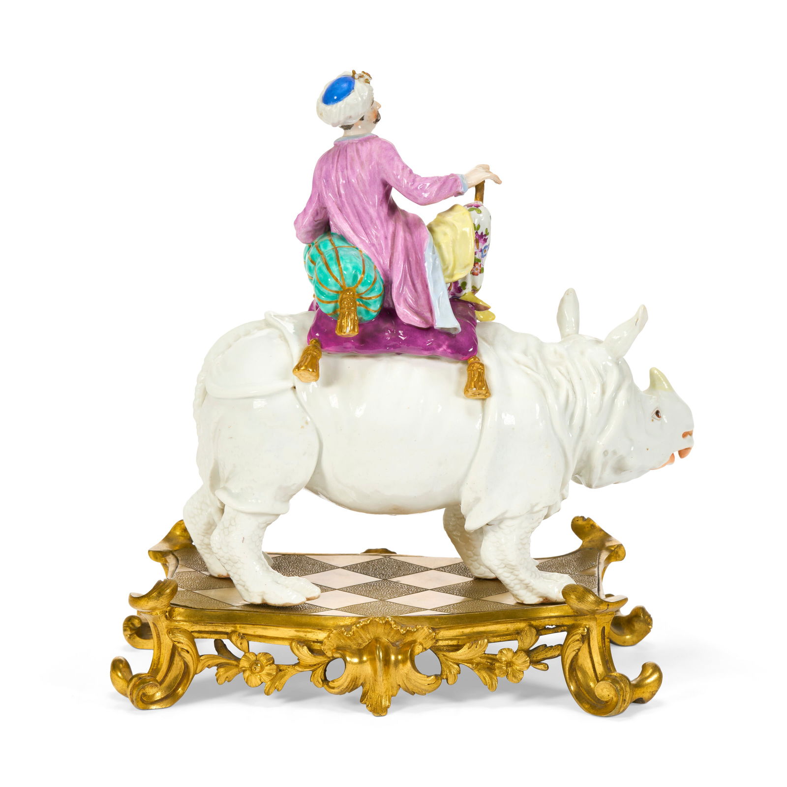 A MEISSEN PORCELAIN FIGURE GROUP OF A TURK RIDING A RHINOCEROS AND AN ORMOLU BASE THE PORCELAIN 19TH - 3