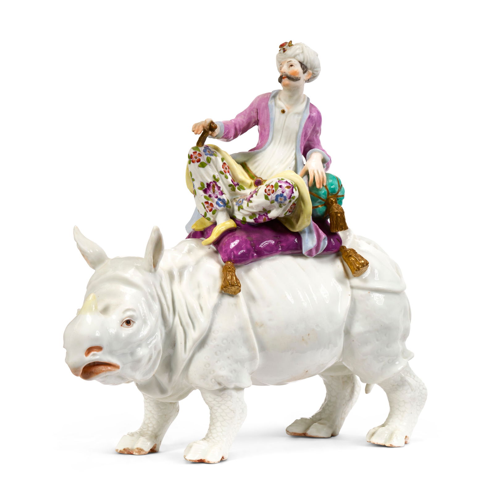 A MEISSEN PORCELAIN FIGURE GROUP OF A TURK RIDING A RHINOCEROS AND AN ORMOLU BASE THE PORCELAIN 19TH - 6