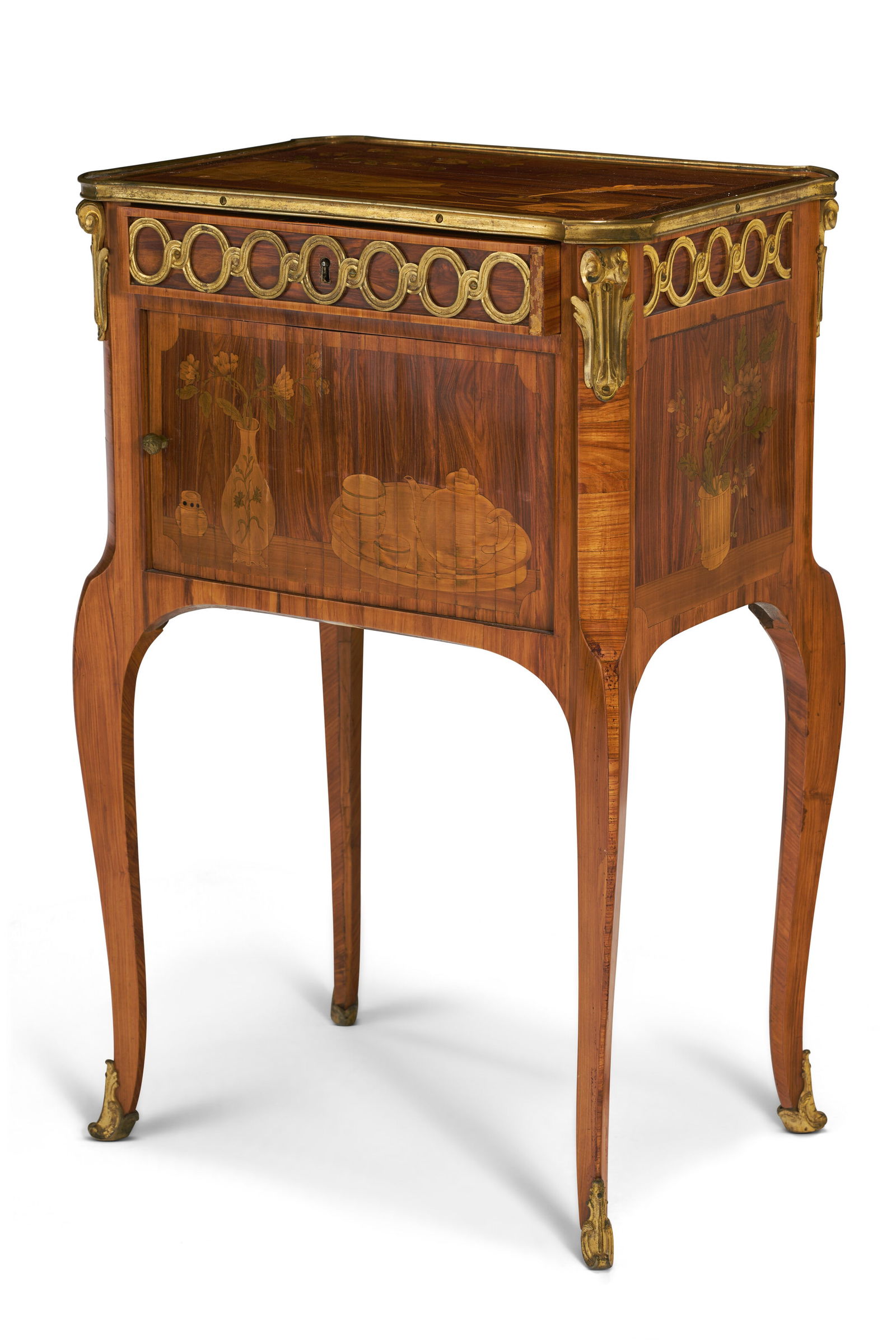A LATE LOUIS XV ORMOLU-MOUNTED KINGWOOD, TULIPWOOD AND MARQUETRY TABLE A ECRIRE BY ROGER: A LATE LOUIS XV ORMOLU-MOUNTED KINGWOOD, TULIPWOOD AND MARQUETRY TABLE A ECRIRE BY ROGER VANDERCRUSE, CALLED LACROIX, CIRCA 1765 Details A LATE LOUIS XV ORMOLU-MOUNTED KINGWOOD, TULIPWOOD AND MARQUETR