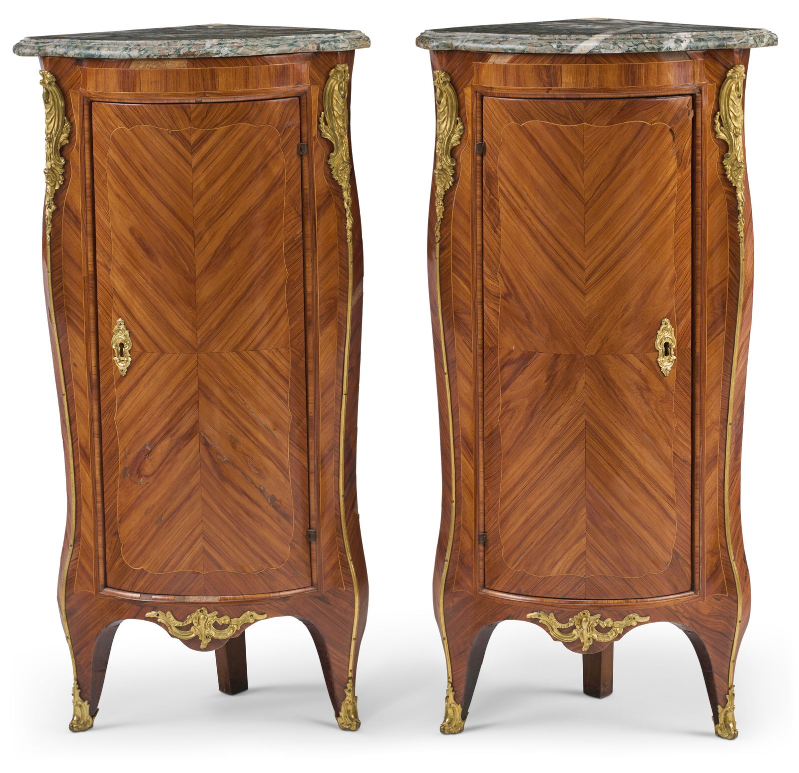 A PAIR OF LOUIS XV ORMOLU-MOUNTED TULIPWOOD AND KINGWOOD ENCOIGNURES BY ADRIEN FAIZELOT-DELORME,: A PAIR OF LOUIS XV ORMOLU-MOUNTED TULIPWOOD AND KINGWOOD ENCOIGNURES BY ADRIEN FAIZELOT-DELORME, CIRCA 1750 Details A PAIR OF LOUIS XV ORMOLU-MOUNTED TULIPWOOD AND KINGWOOD ENCOIGNURES BY ADRIEN FAIZE