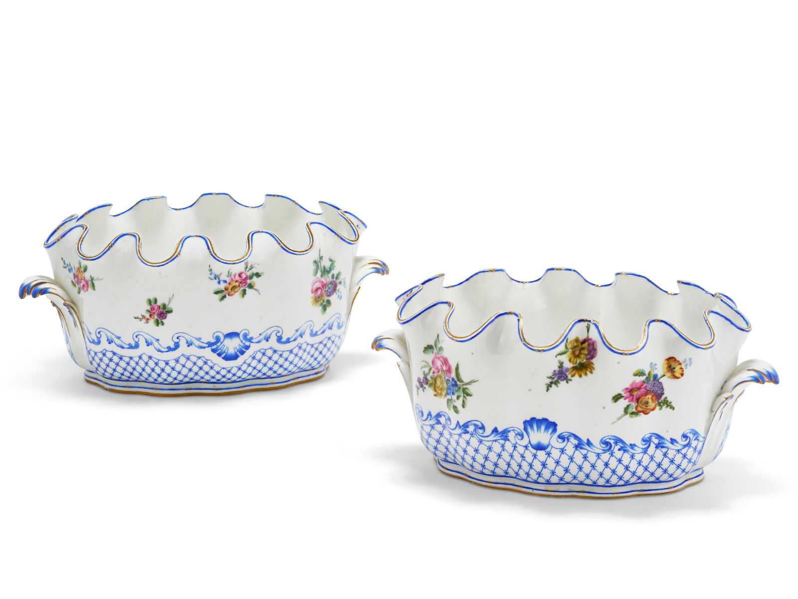 TWO SEVRES PORCELAIN GLASS COOLERS (SEAUX ‘CRENELES’) 1759 and 1761, BLUE INTERLACED L'S (1 of 5)