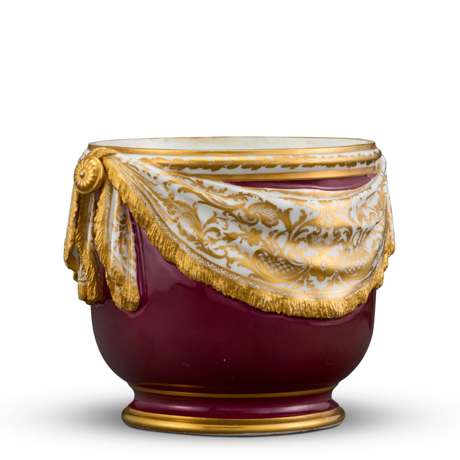 SEVRES PORCELAIN CARMINE-GROUND GLASS COOLER (SEAU A VERRE A DRAPERIE) CIRCA 1770, GILT INTERLACED: SEVRES PORCELAIN CARMINE-GROUND GLASS COOLER (SEAU A VERRE A DRAPERIE) CIRCA 1770, GILT INTERLACED L'S ABOVE SCRIPT LG MARK FOR E.-H. LE GUAY Details SEVRES PORCELAIN CARMINE-GROUND GLASS COOLER (SEAU