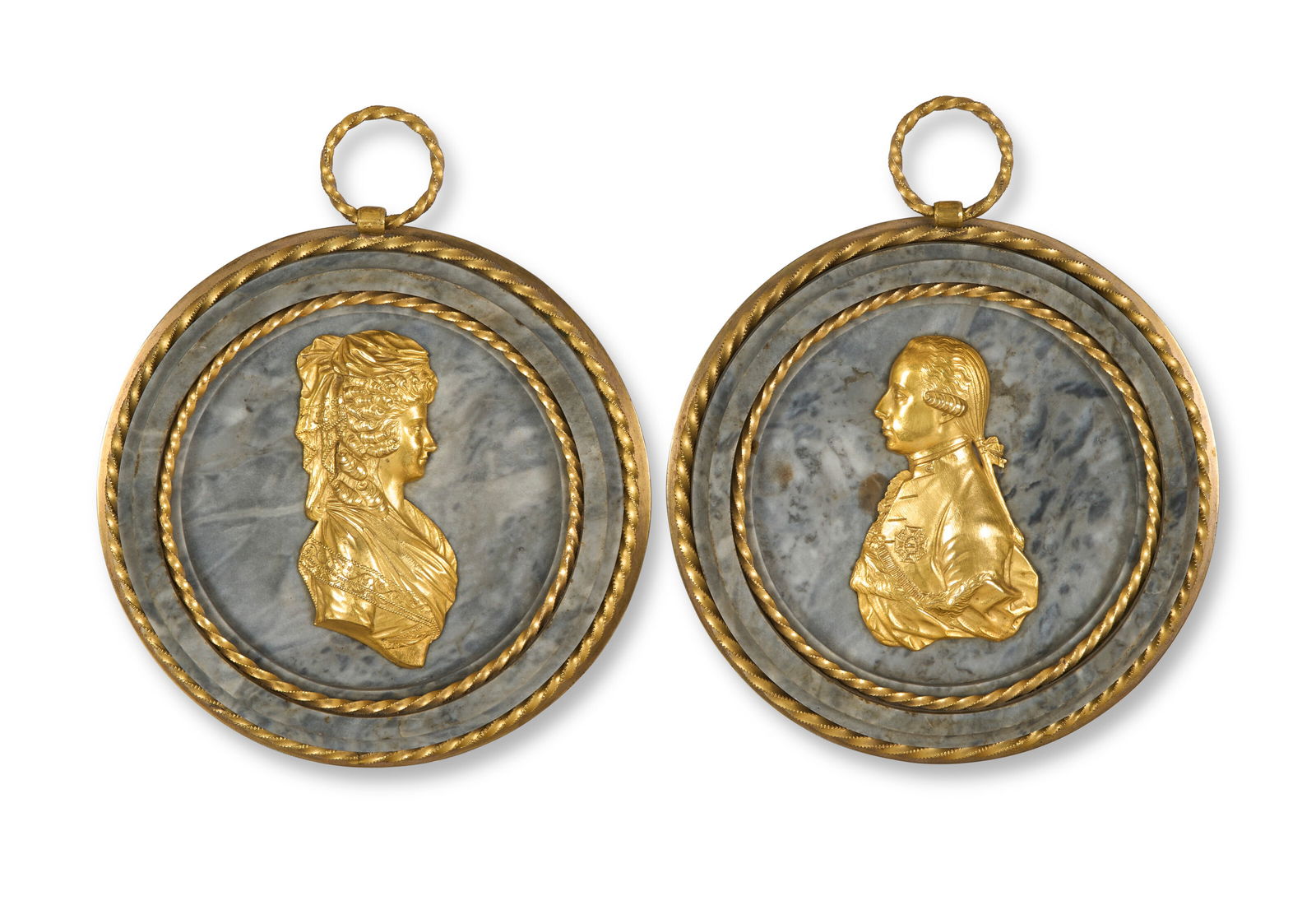 A PAIR OF LOUIS XVI ORMOLU-MOUNTED GREY BARDIGLIO MARBLE PORTRAIT MEDALLIONS POSSIBLY AUSTRIAN, (1 of 2)