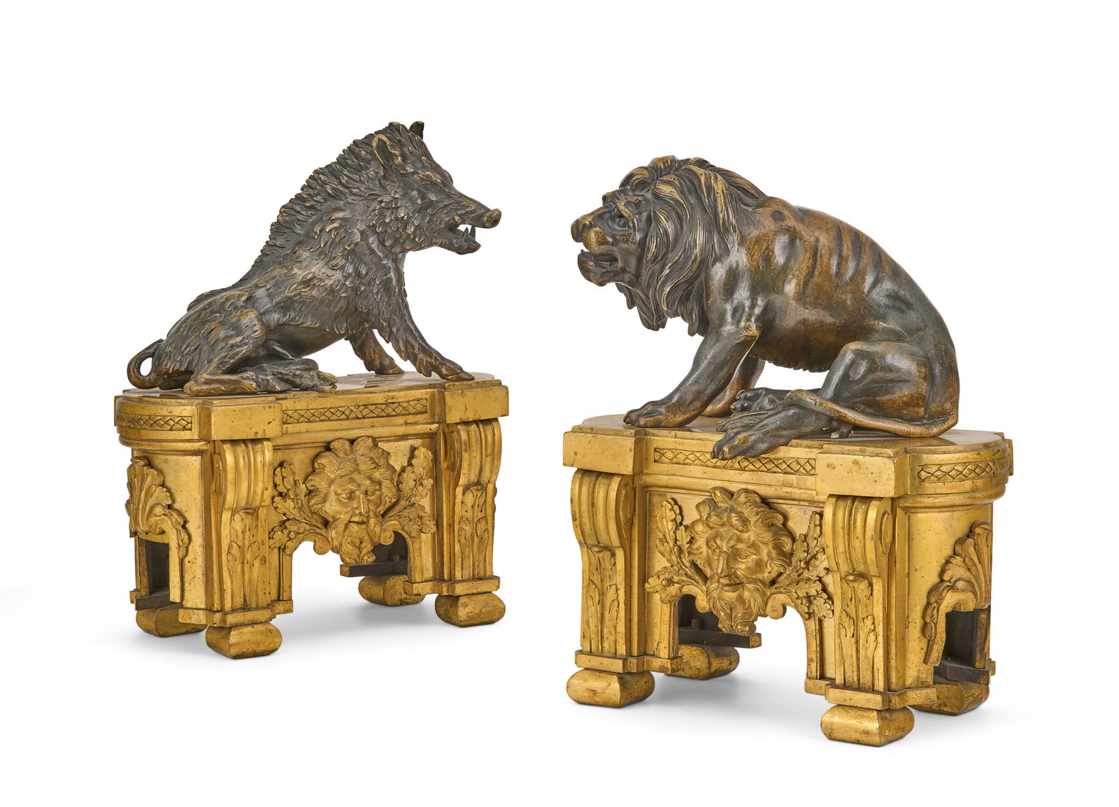 A PAIR OF LATE LOUIS XV ORMOLU AND PATINATED-BRONZE CHENETS IN THE MANNER OF QUENTIN-CLAUDE PITOIN, (1 of 5)