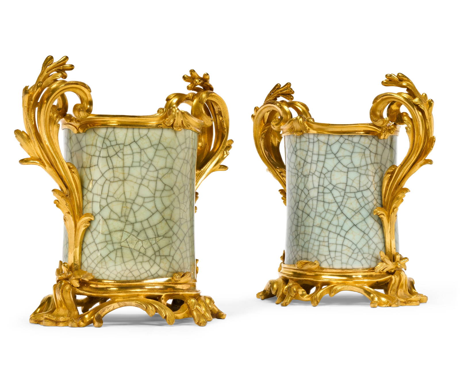 A PAIR OF ORMOLU-MOUNTED CHINESE CRACKLE-GLAZED (GE-TYPE) PORCELAIN BRUSH-POTS THE ORMOLU PROBABLY