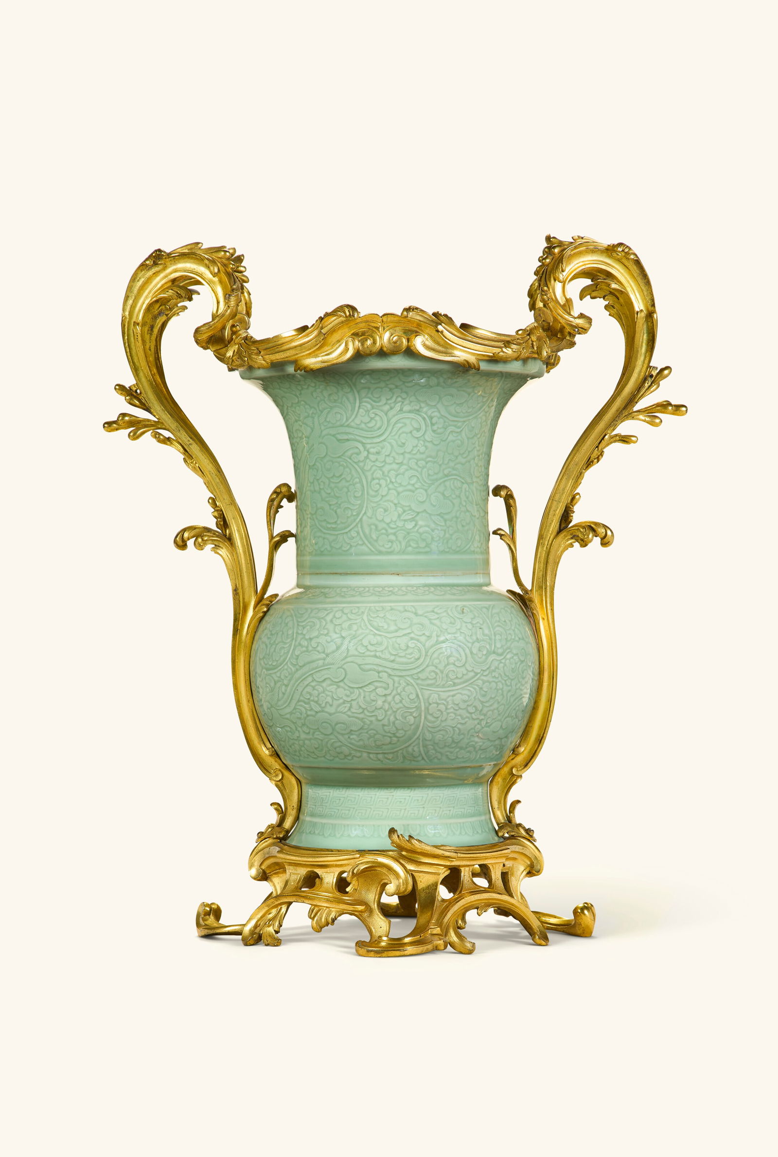 A LOUIS XV ORMOLU-MOUNTED CHINESE CELADON PORCELAIN VASE THE MOUNTS CIRCA 1750, THE PORCELAIN KANGXI (1 of 13)