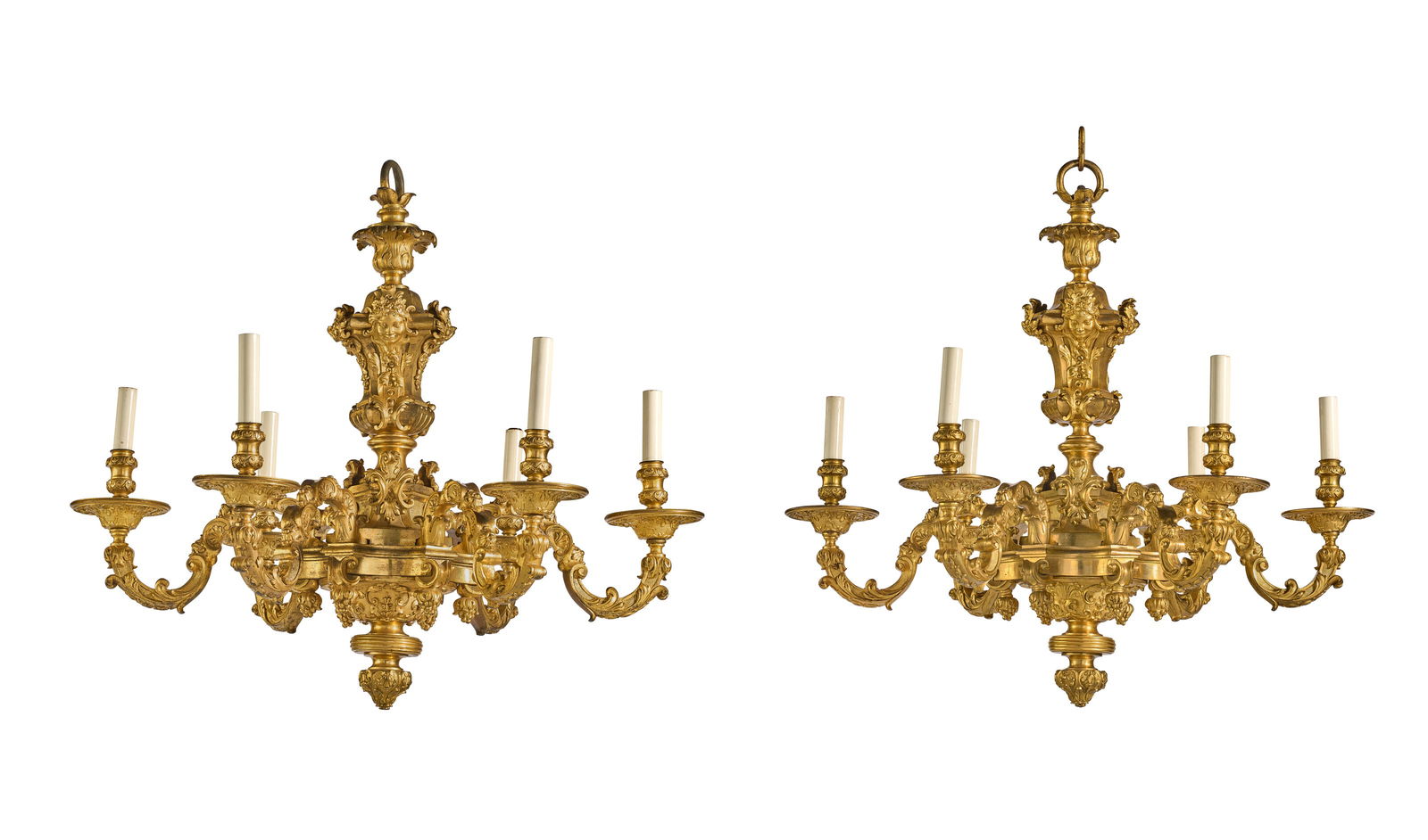 A NEAR PAIR OF REGENCE ORMOLU SIX-LIGHT CHANDELIERS IN THE MANNER OF ANDRE-CHARLES BOULLE, ONE CIRCA (1 of 11)