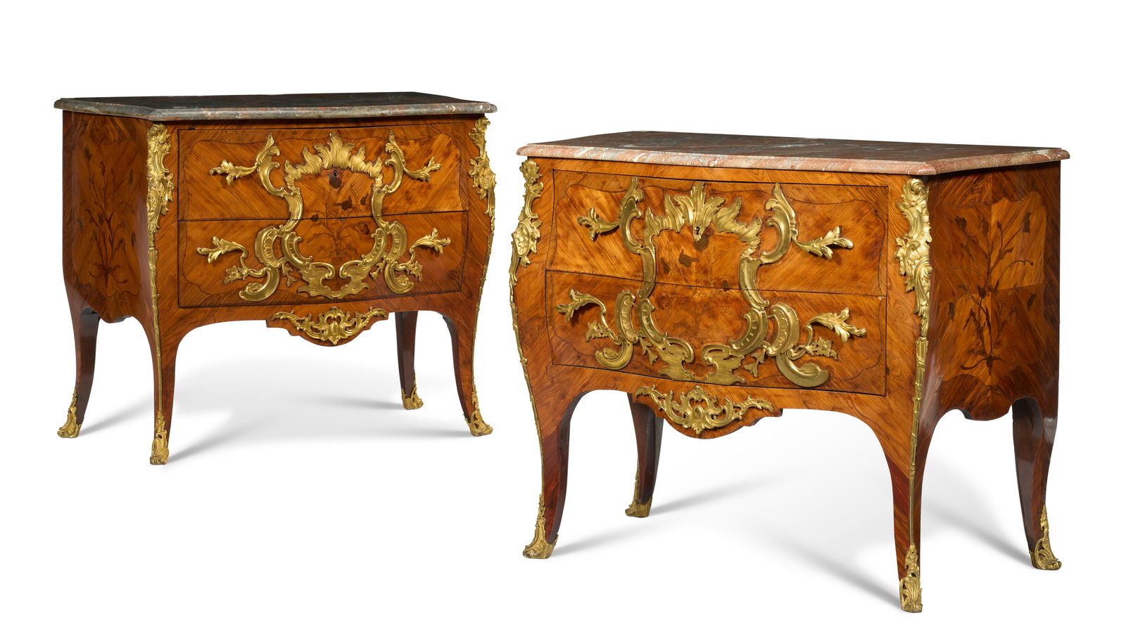 A NEAR PAIR OF LOUIS XV ORMOLU-MOUNTED KINGWOOD, TULIPWOOD AND BOIS DE BOUT MARQUETRY COMMODES (1 of 8)