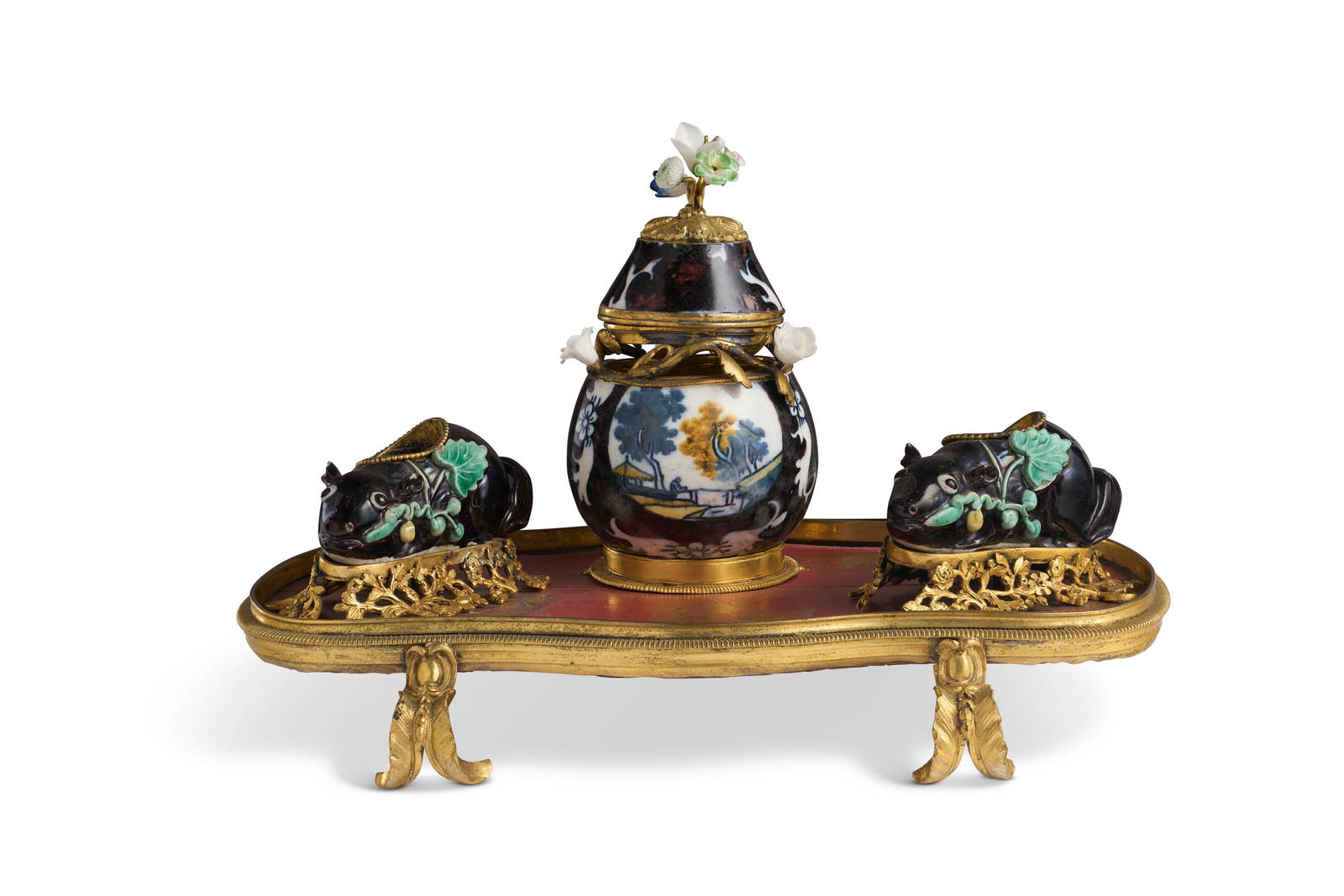 A LOUIS XV ORMOLU-MOUNTED JAPANESE LACQUER AND CHINESE PORCELAIN ENCRIER THE CHINESE PORCELAIN