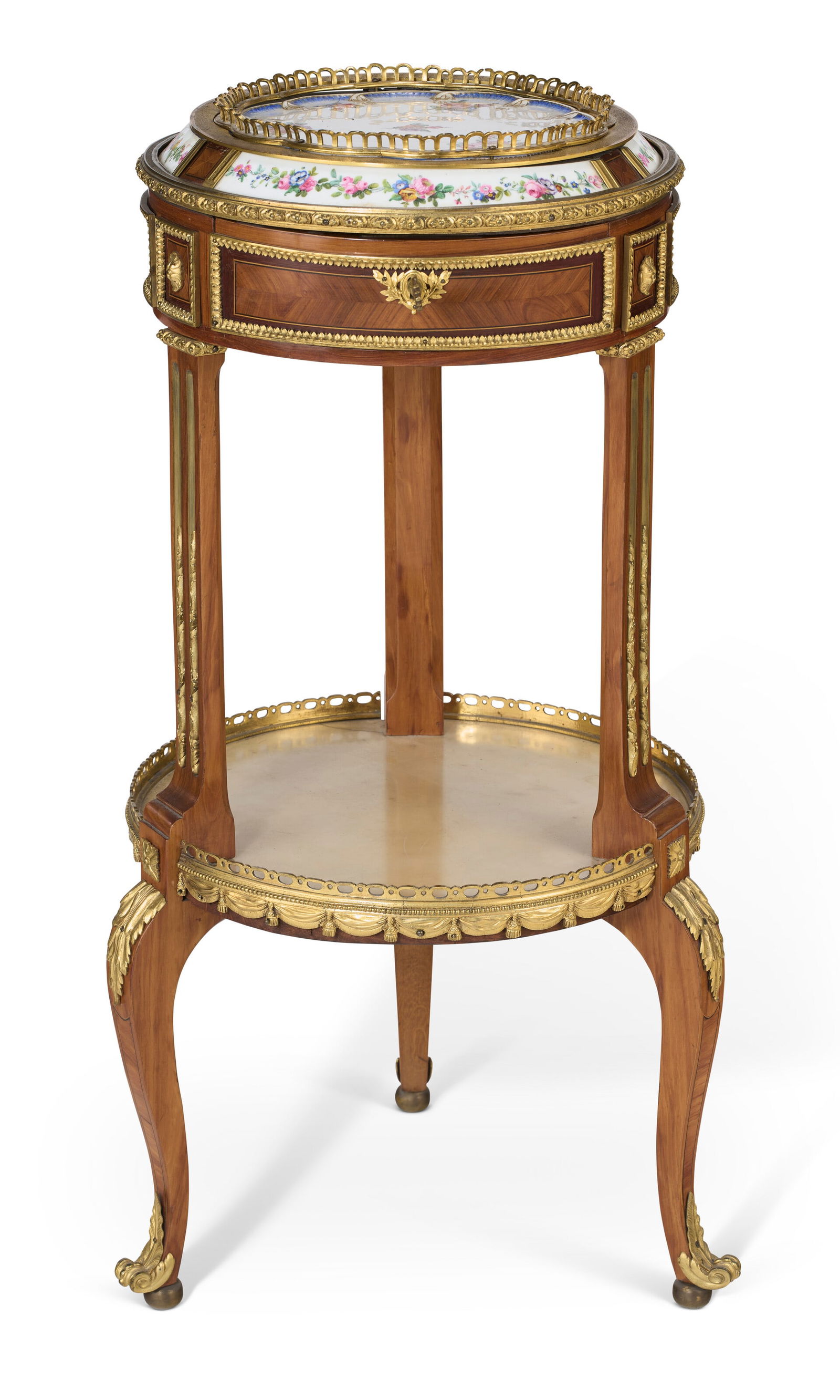 A FRENCH ORMOLU, MARBLE AND SEVRES PORCELAIN-MOUNTED TULIPWOOD AND AMARANTH OCCASIONAL TABLE 19TH (1 of 4)