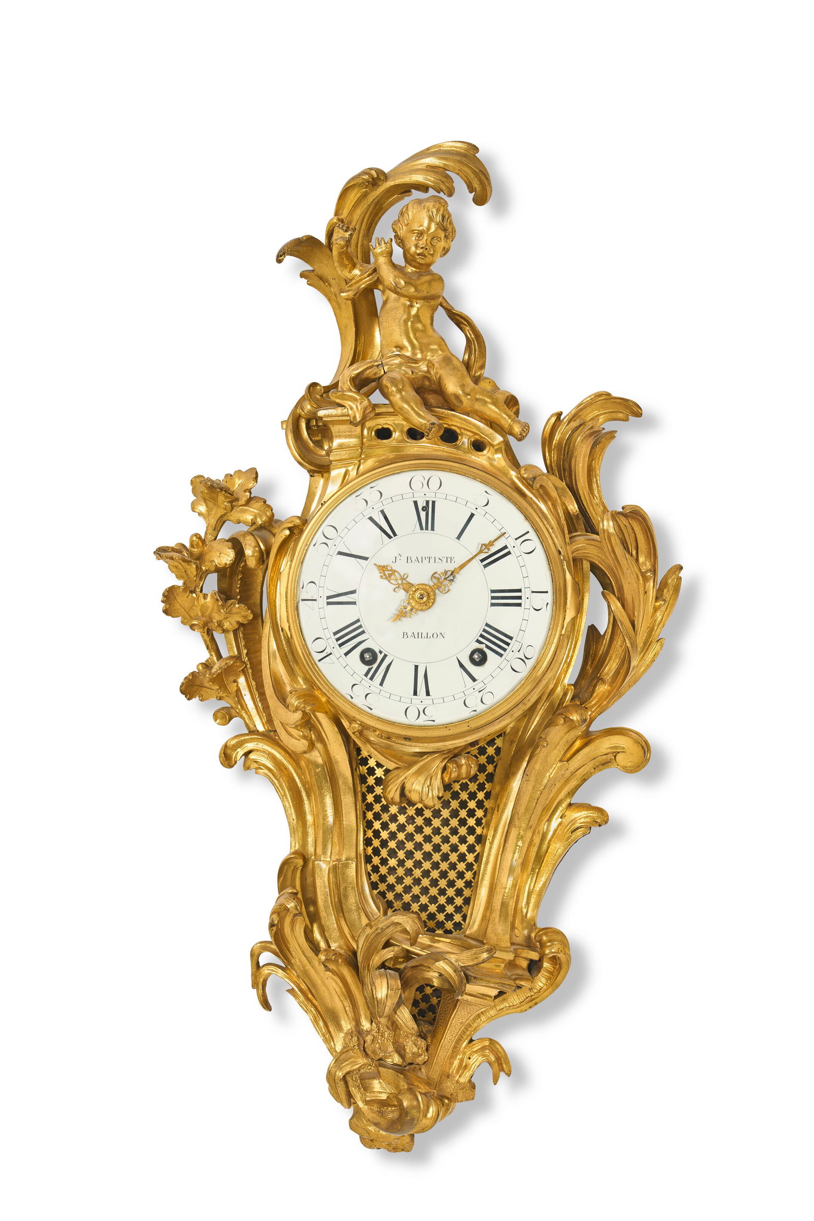 A LOUIS XV ORMOLU CARTEL CLOCK BY JEAN-BAPTISTE-ALBERT BAILLON, CIRCA 1750: A LOUIS XV ORMOLU CARTEL CLOCK BY JEAN-BAPTISTE-ALBERT BAILLON, CIRCA 1750 Details A LOUIS XV ORMOLU CARTEL CLOCK BY JEAN-BAPTISTE-ALBERT BAILLON, CIRCA 1750 Cartouche-shaped, the circular white ename