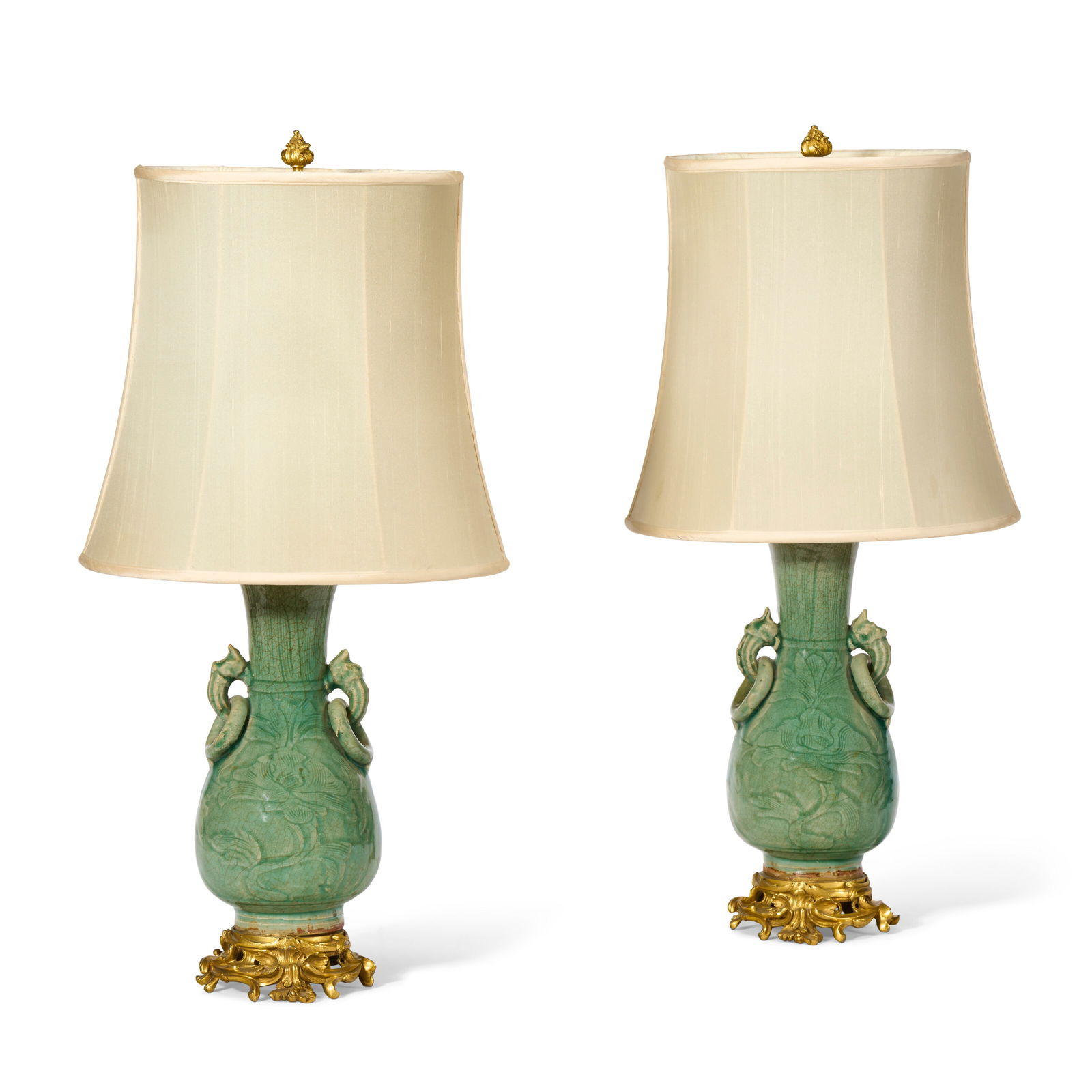 A PAIR OF LOUIS XV STYLE ORMOLU-MOUNTED CHINESE CELADON PORCELAIN VASES, NOW MOUNTED AS LAMPS THE (1 of 3)