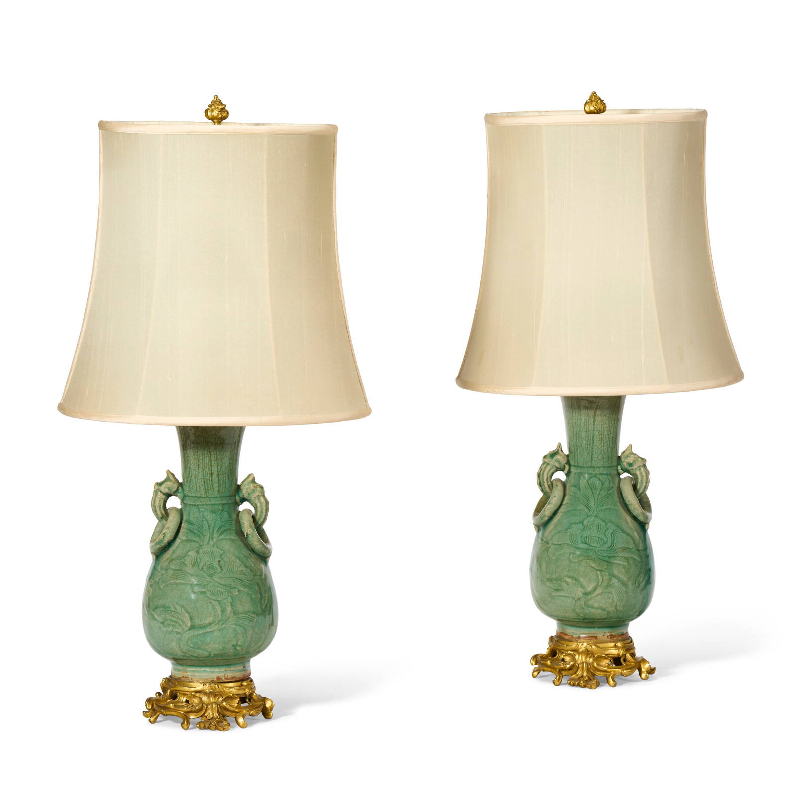 A PAIR OF LOUIS XV STYLE ORMOLU-MOUNTED CHINESE CELADON PORCELAIN VASES, NOW MOUNTED AS LAMPS THE