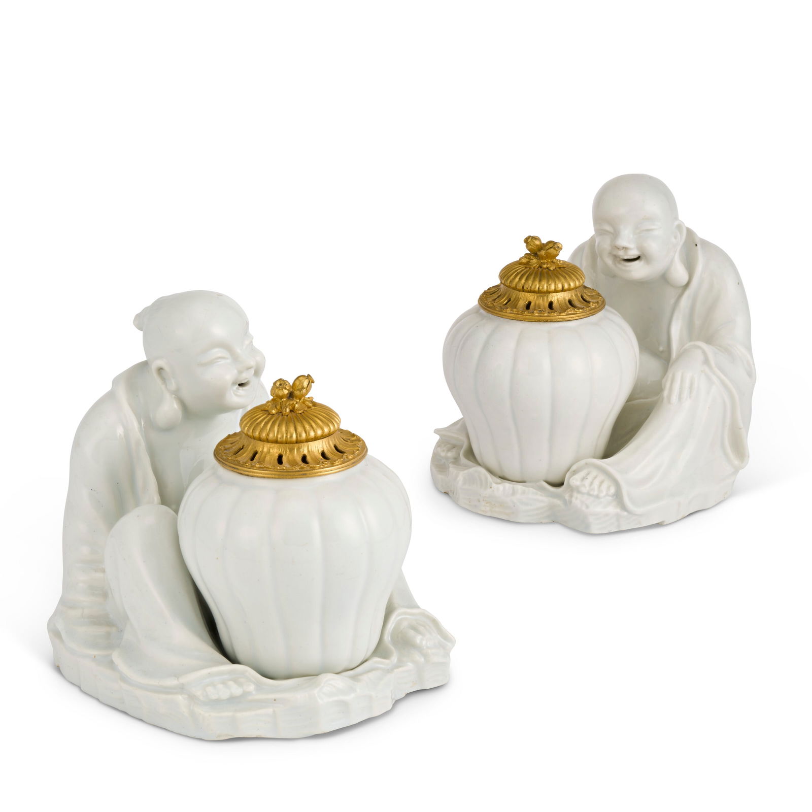 A PAIR OF ORMOLU-MOUNTED CHANTILLY PORCELAIN MODELS OF SEATED MAGOTS THE PORCELAIN CIRCA 1740, THE (1 of 5)