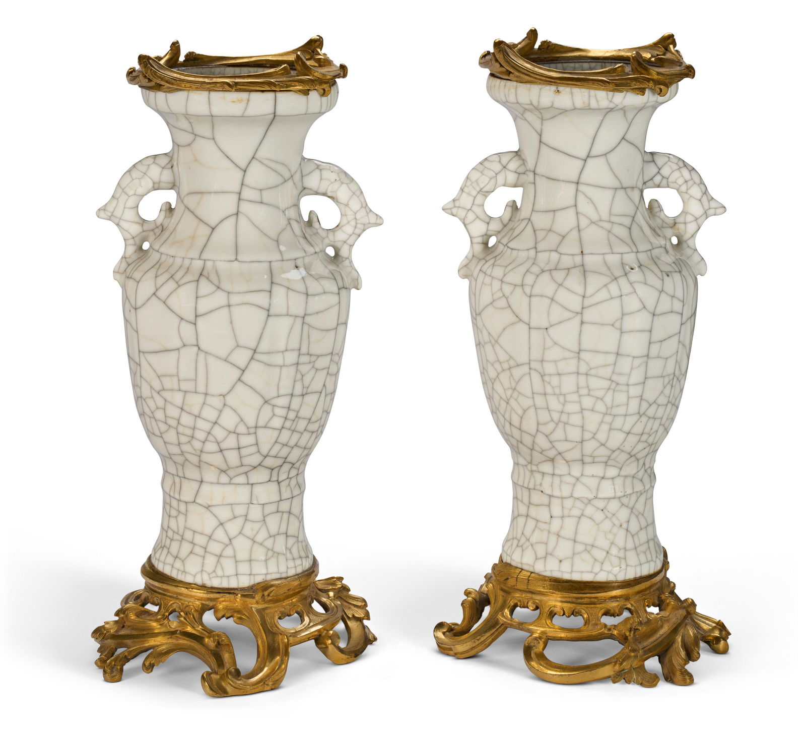 A PAIR OF ORMOLU-MOUNTED CHINESE CRACKLE-GLAZED (GE-TYPE) PORCELAIN VASES THE PORCELAIN 18TH (1 of 3)