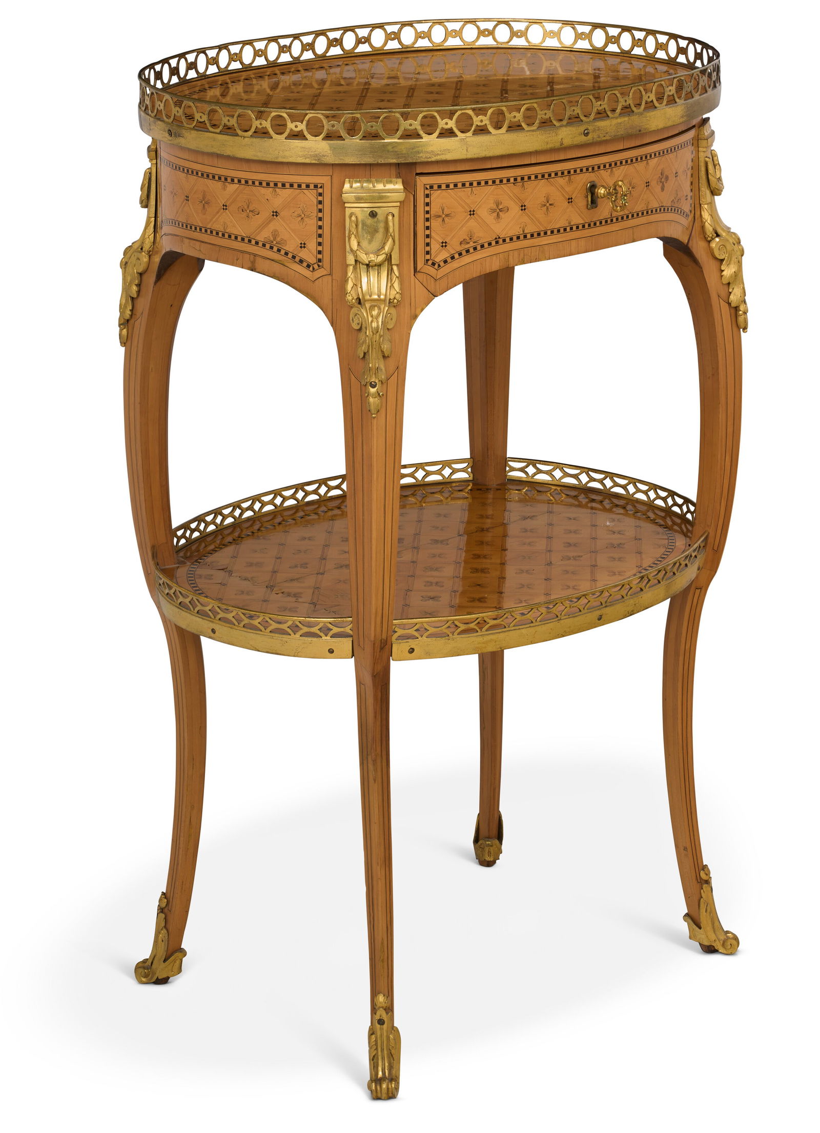 A LATE LOUIS XV ORMOLU-MOUNTED STAINED PEARWOOD AND PARQUETRY TABLE A ECRIRE BY ROGER VANDERCRUSE, (1 of 3)