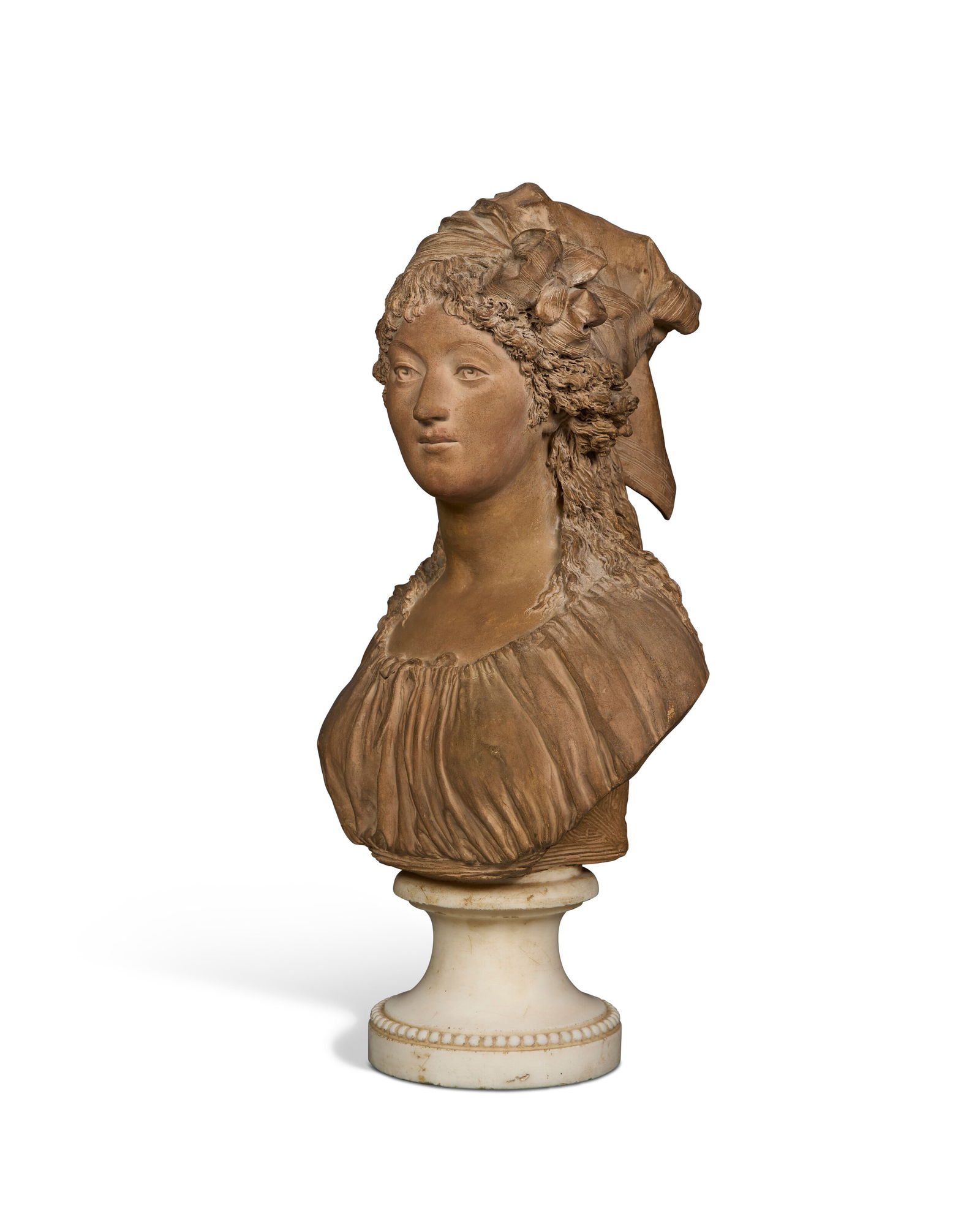 JOSEPH-CHARLES MARIN (PARIS, 1749-1834) BUST OF A YOUNG WOMAN: JOSEPH-CHARLES MARIN (PARIS, 1749-1834) BUST OF A YOUNG WOMAN Details JOSEPH-CHARLES MARIN (PARIS, 1749-1834) BUST OF A YOUNG WOMAN LATE 18TH CENTURY On a circular white marble base, signed Marin 