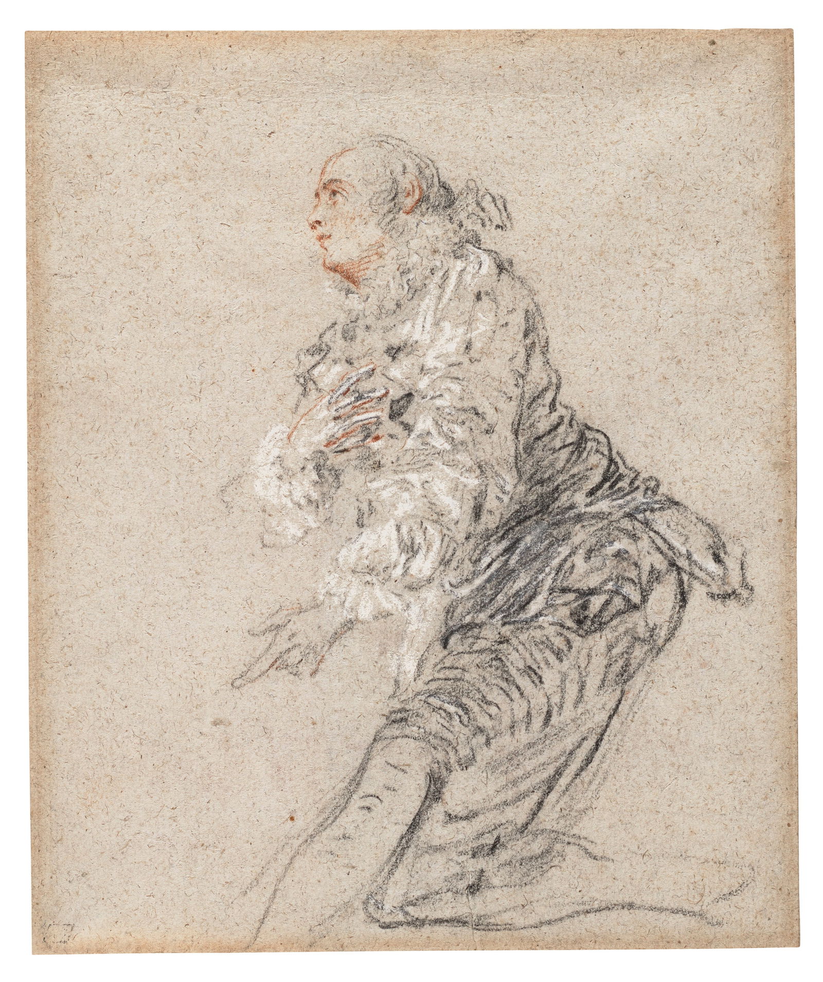 NICOLAS LANCRET (PARIS 1690-1743) A young man kneeling (recto); Half-length study of a man with: NICOLAS LANCRET (PARIS 1690-1743) A young man kneeling (recto); Half-length study of a man with right arm extended (verso) Details NICOLAS LANCRET (PARIS 1690-1743) A young man kneeling (recto);