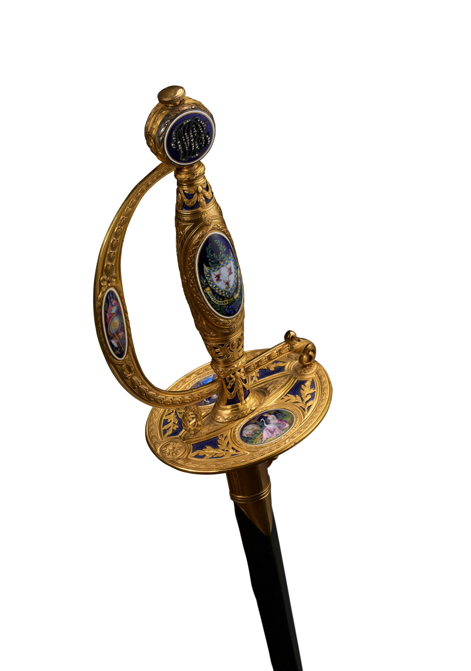 AN ENGLISH GOLD, JEWELLED AND ENAMELLED SMALL-SWORD AND SCABBARD BY JAMES MORISSET, LONDON, 1795: AN ENGLISH GOLD, JEWELLED AND ENAMELLED SMALL-SWORD AND SCABBARD BY JAMES MORISSET, LONDON, 1795 Details AN ENGLISH GOLD, JEWELLED AND ENAMELLED SMALL-SWORD AND SCABBARD BY JAMES MORISSET, LONDON, 179