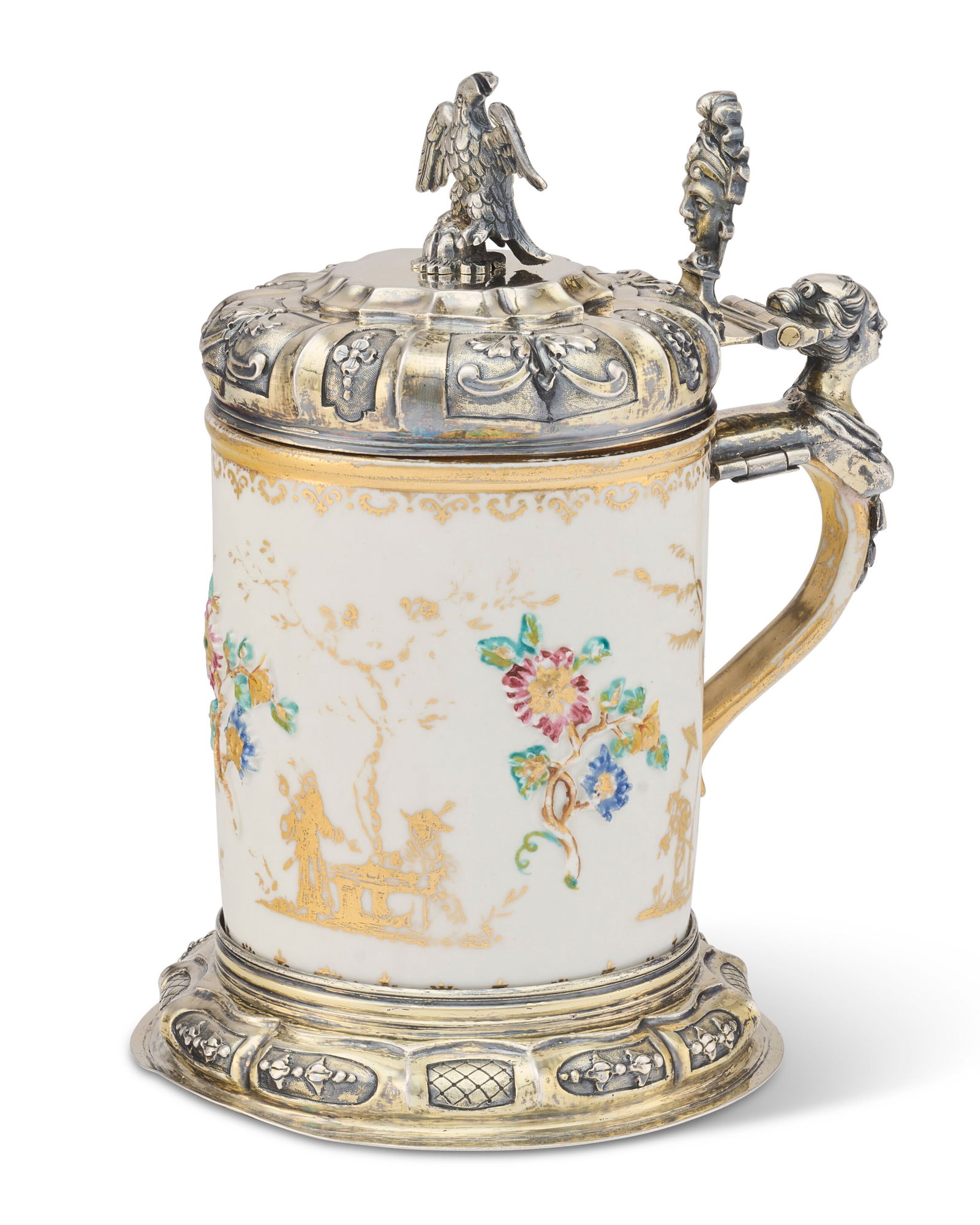 A GERMAN SILVER-GILT MOUNTED MEISSEN PORCELAIN HAUSMALEREI TANKARD AND COVER THE MOUNTS WITH MARK OF: A GERMAN SILVER-GILT MOUNTED MEISSEN PORCELAIN HAUSMALEREI TANKARD AND COVER THE MOUNTS WITH MARK OF JOHANN GEORG HERKOMER, AUGSBURG, 1724-1728, THE PORCELAIN DECORATED IN THE SEUTER WORKSHOP, AUGSBUR