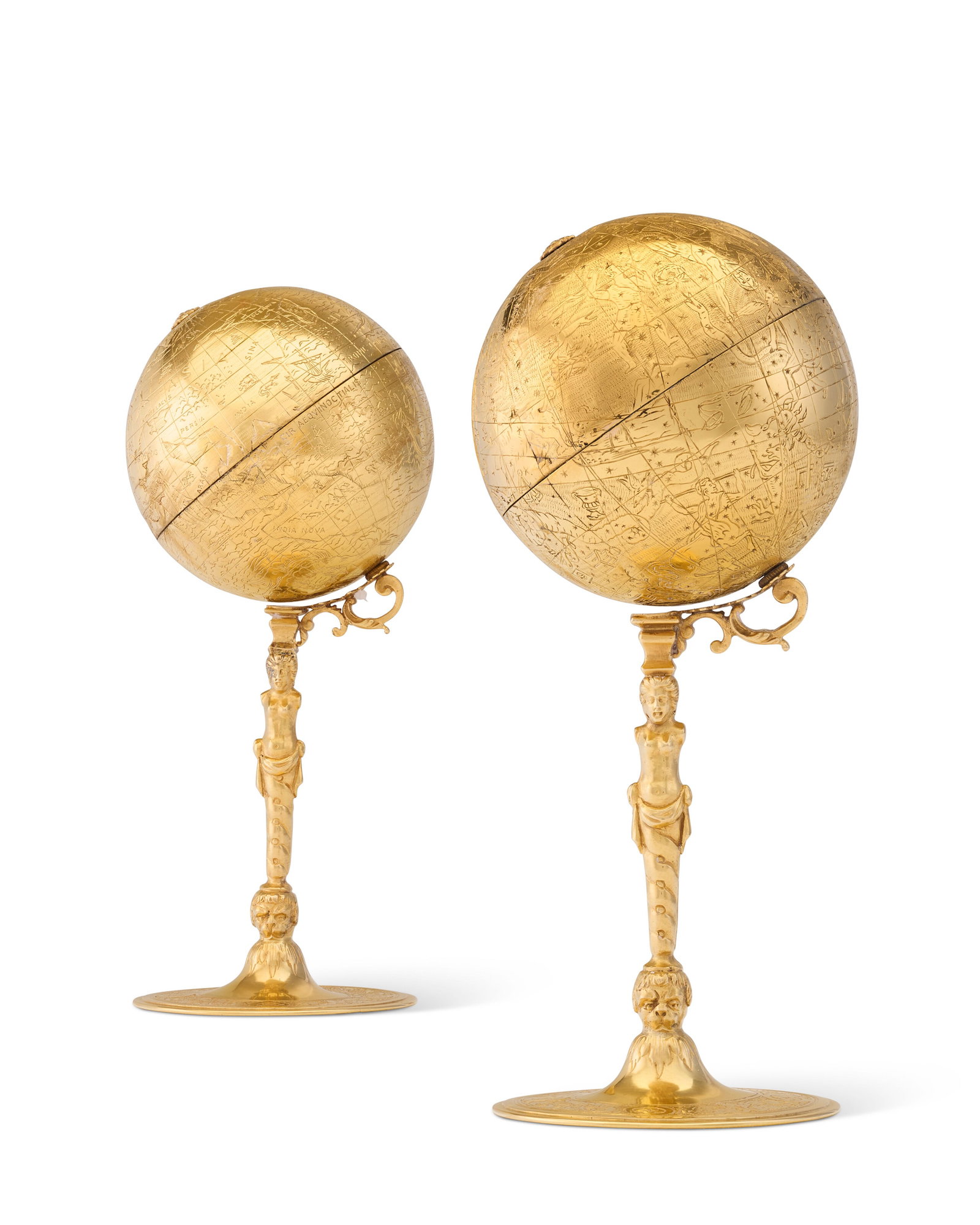 A PAIR OF CONTINENTAL GOLD CELESTIAL AND TERRESTRIAL MINIATURE GLOBES PROBABLY LATE 19TH/20TH (1 of 1)