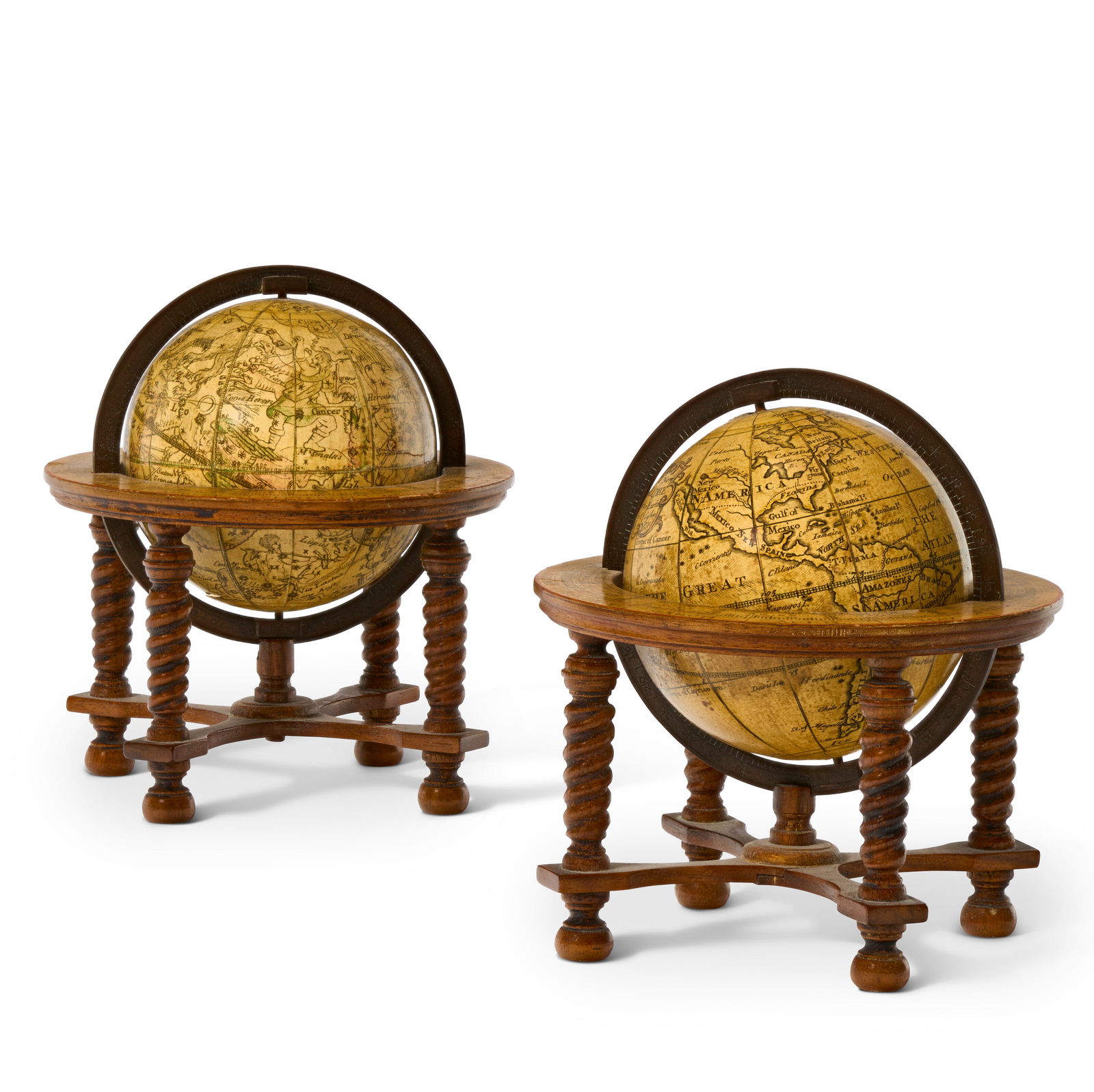 A PAIR OF GEORGE II 3-INCH POCKET GLOBES ON WALNUT STANDS THE GLOBES BY RICHARD CUSHEE, 1731, THE (1 of 4)
