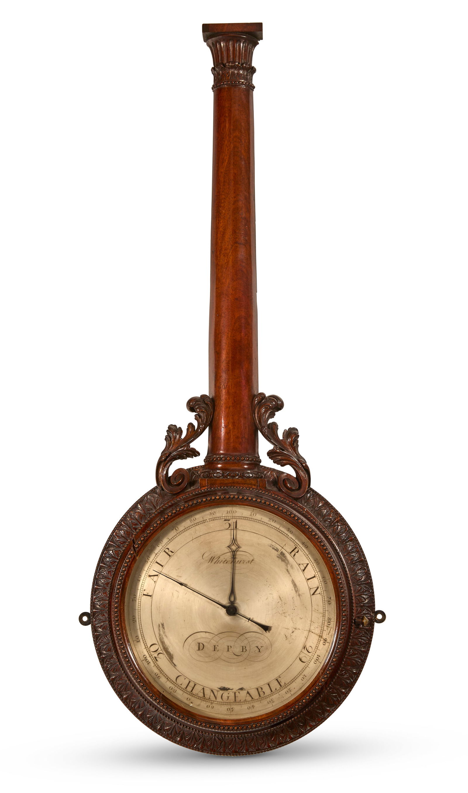 A GEORGE III MAHOGANY WHEEL BAROMETER BY JOHN WHITEHURST, DERBY, CIRCA 1780 (1 of 4)